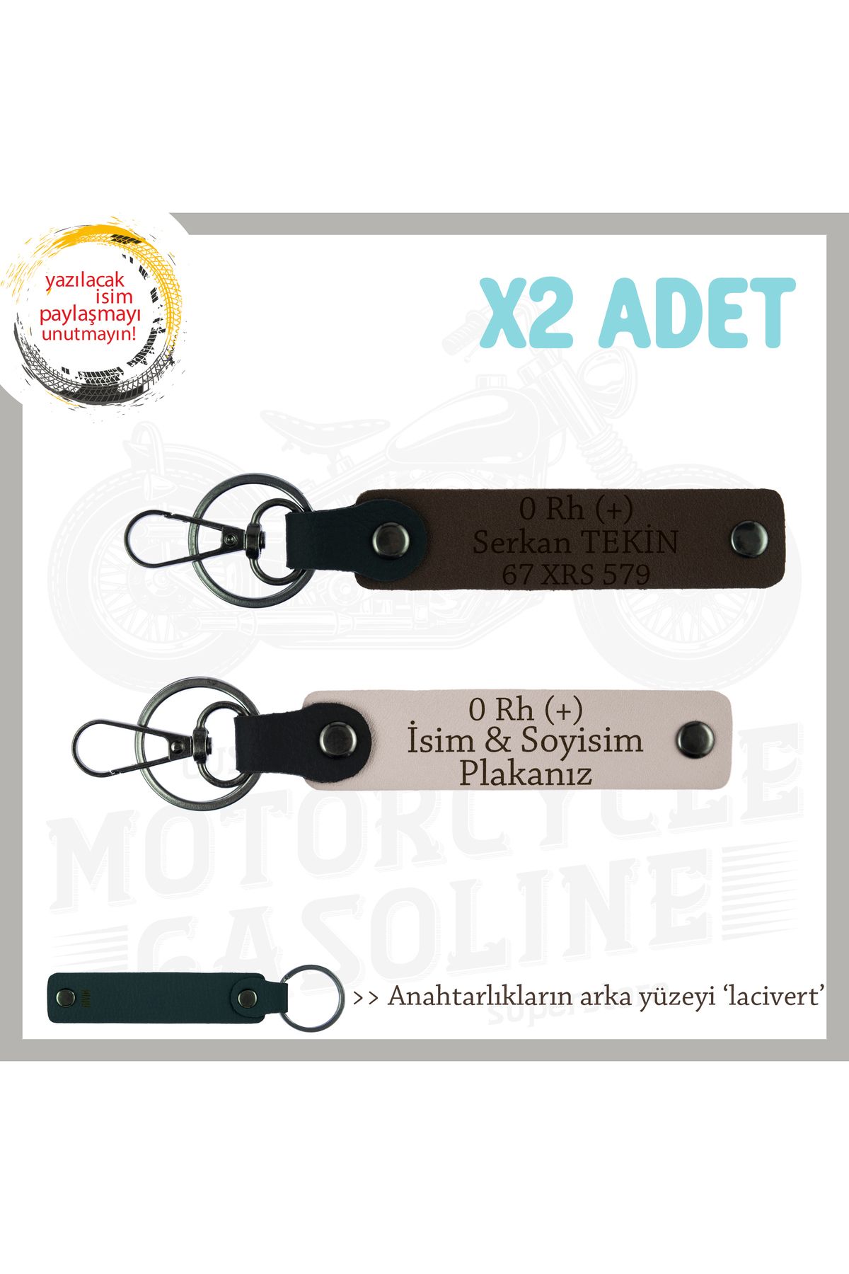 Miaju Motosiklet Severlere Özel, İsim Plaka ve 0 Rh (+) Kan Grubu Yazılı x2 Anahtarlık, Pudra-K Kahve-Laci