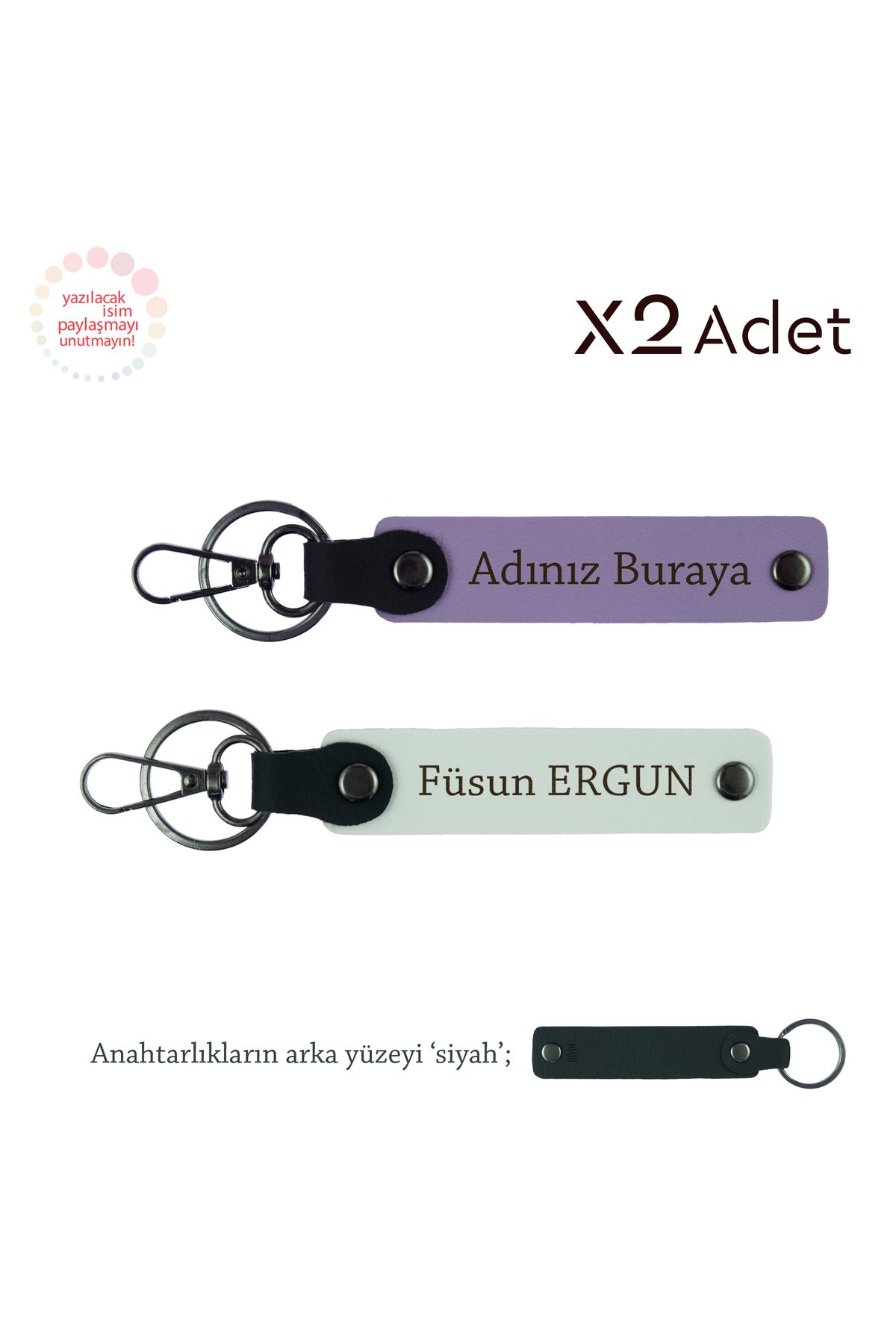 Miaju Anneye Şık Jest, İsim & Soyisim Yazılı 2’li Anahtarlık Seti, Mor Menekşe-Beyaz-Siyah