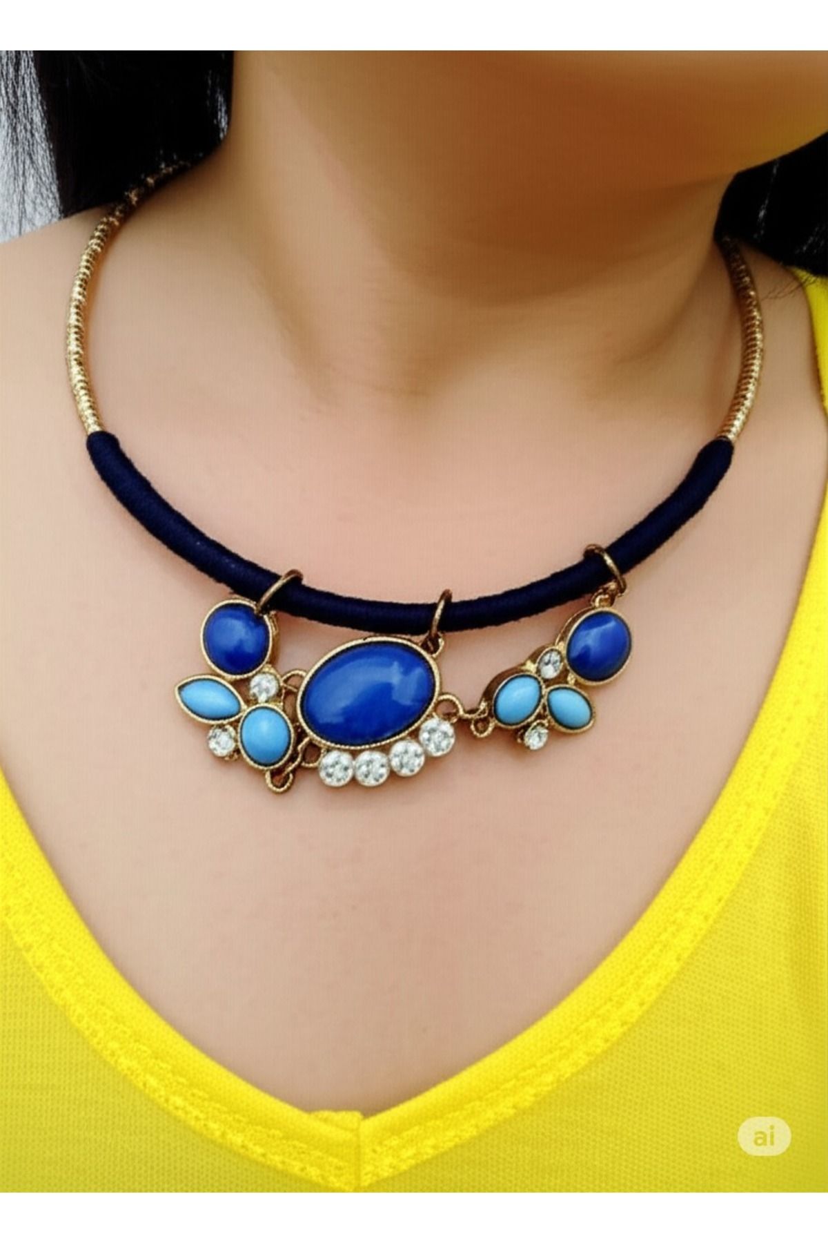 Mimi Aksesuar Bohem Model Tasarım Zirkon Taş Detaylı Mavi Yeşil Doğal Taşlı Kadın Kolye