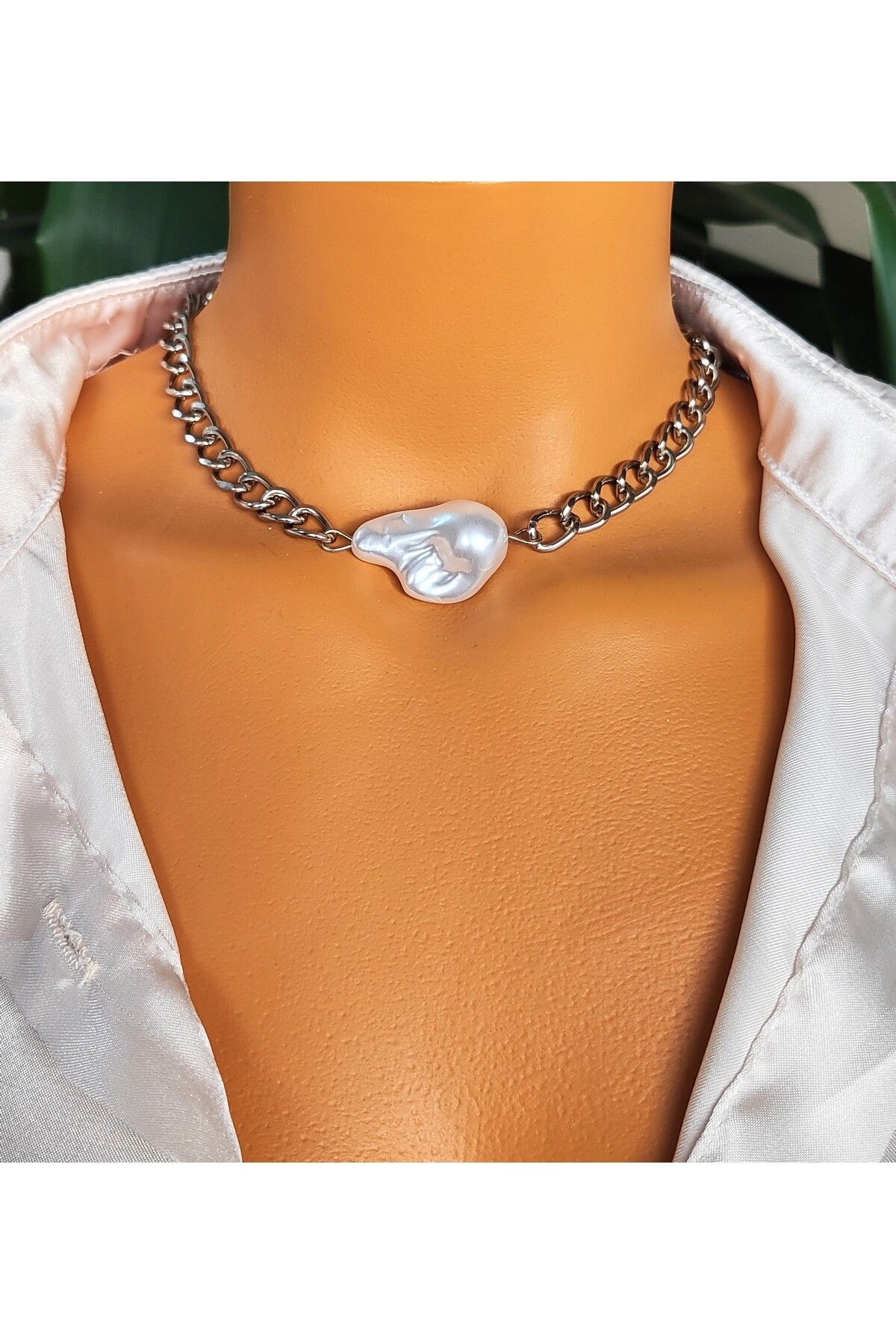 Goşenefmafe Yapay Barok İncili Choker Zincir Kolye