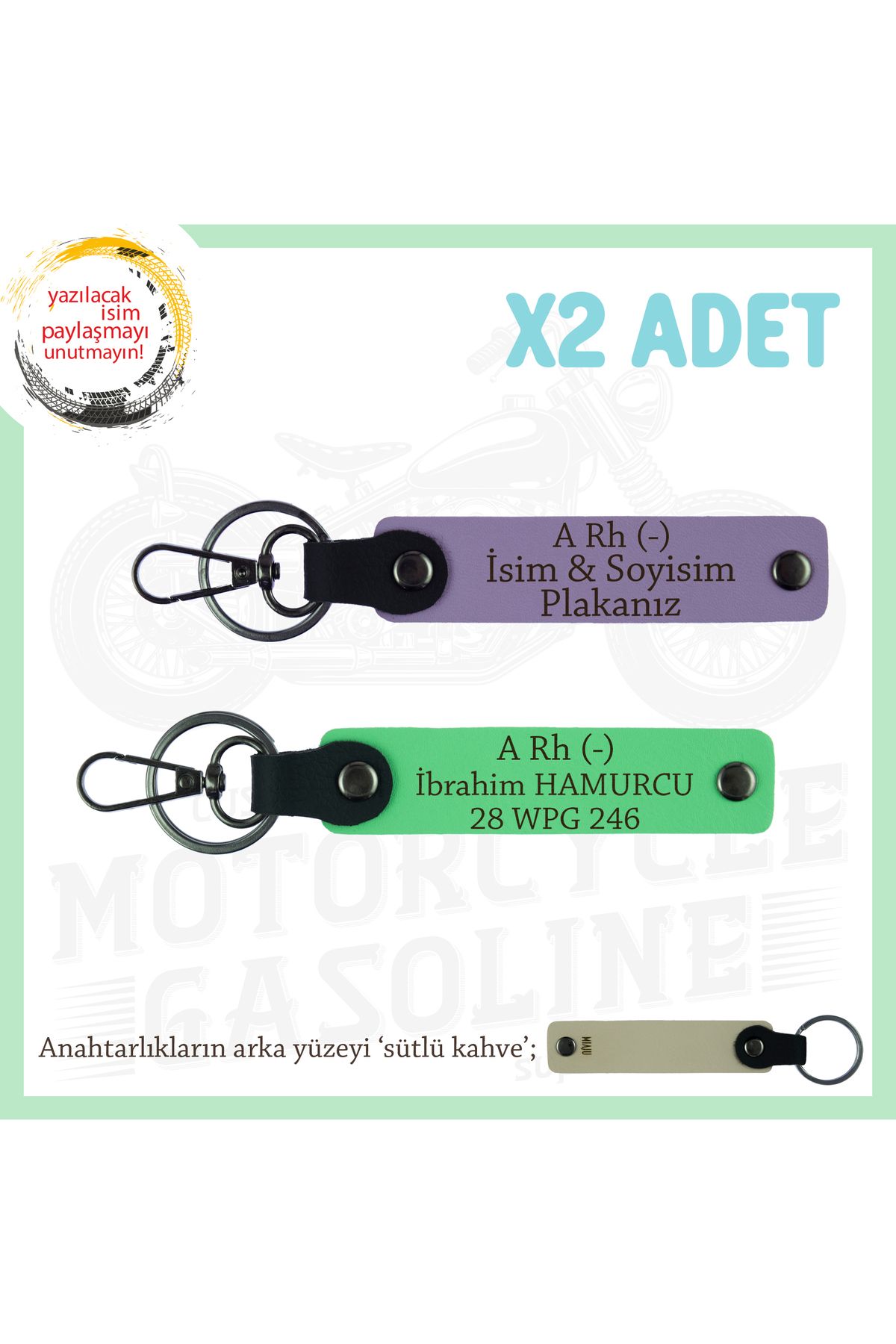 Miaju Bikerlar İçin Özel, İsim Plaka ve A Rh (-) Kan Grubu Yazılı Hediye x2 Anahtarlık Set, Mor-F Yeşil-SK