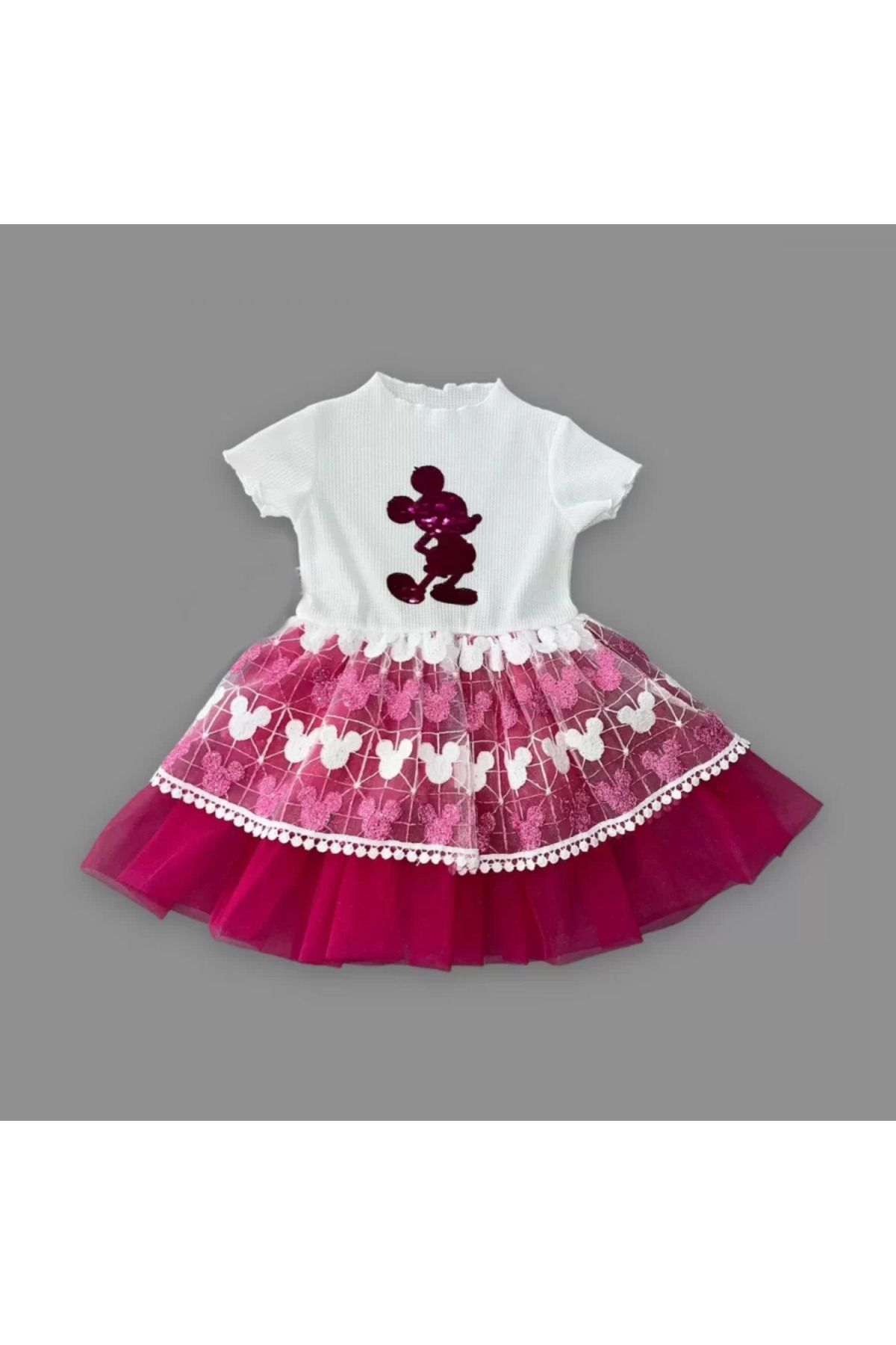 onlinebutik Petli Mickey Baskılı Brode Etekli Kız Bebek Elbisesi Fuşya