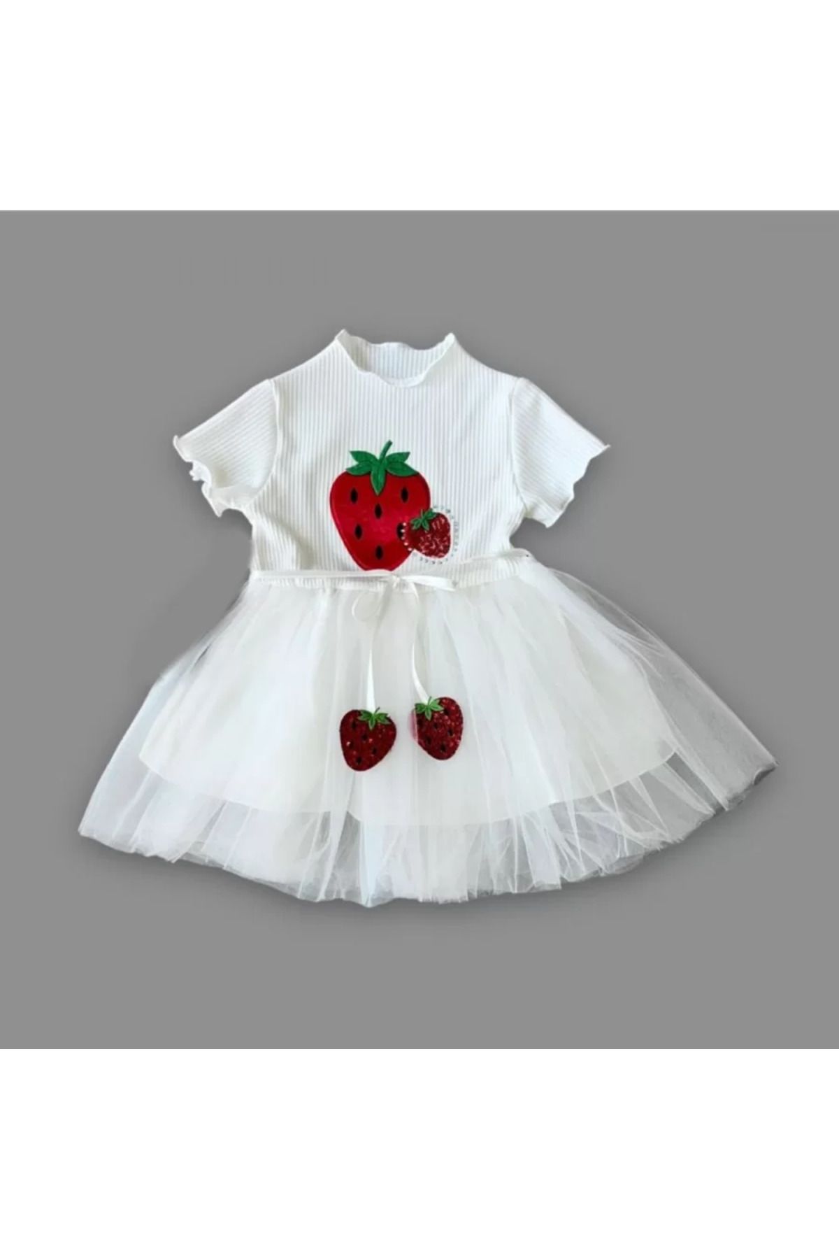 onlinebutik Petli Çilek Baskılı Çilek Kuşaklı Kız Bebek Elbisesi Beyaz