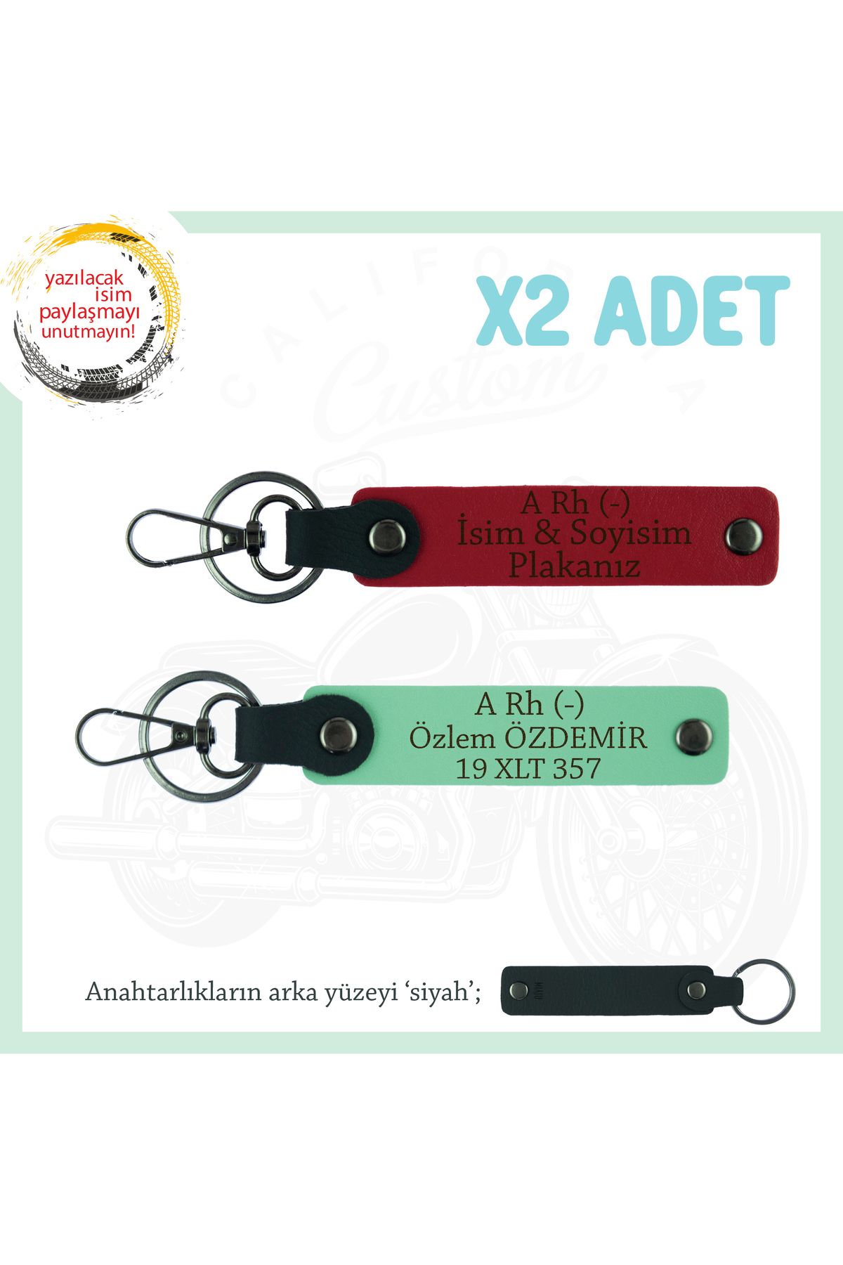 Miaju Motor Sürücüsüne İsim Plaka ve A Rh (-) Kan Grubu Yazılı 2' li Anahtarlık Hediye, Kırmızı-Yeşil-Syh