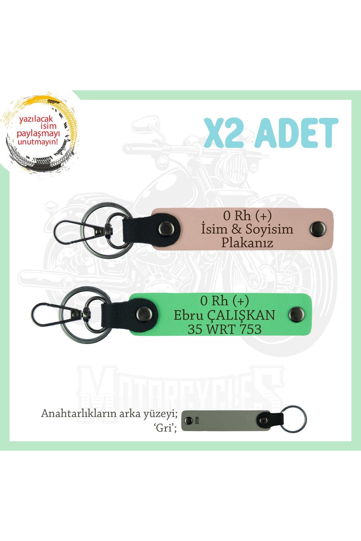 Miaju Motor Severlere Özel, İsim Plaka ve 0 Rh (+) Kan Grubu Yazılı x2 Anahtarlık, Yavruağzı-F Yeşil-Gr
