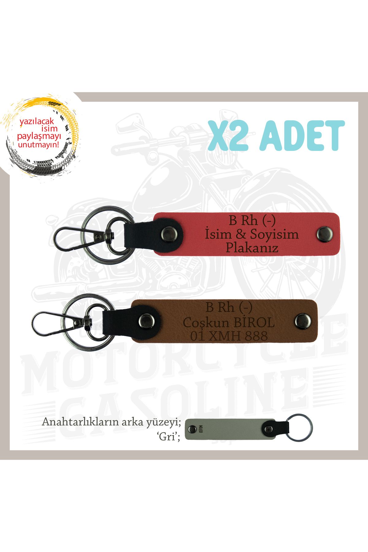 Miaju Biker Stiline Özel, İsim Plaka ve B Rh (-) Kan Grubu Yazılı Motor x2 Anahtarlık, Nar Çiçeği-Kahve-Gr