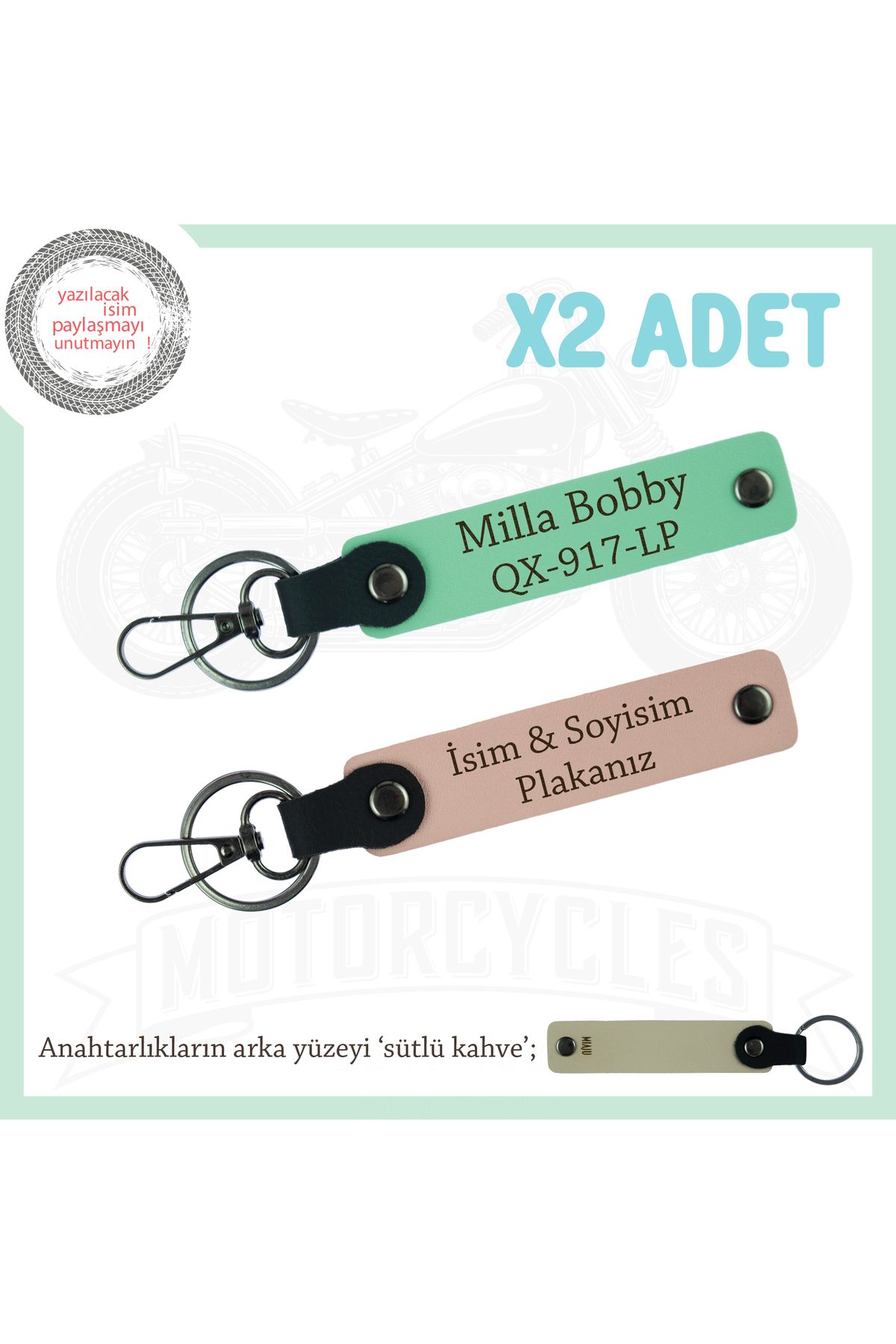 Miaju Hediye Edilebilir Deri Anahtarlık Seti, Plaka ve İsimle Özelleştirilmiş x2 Takım, Yavruağzı-Yeşil-SK