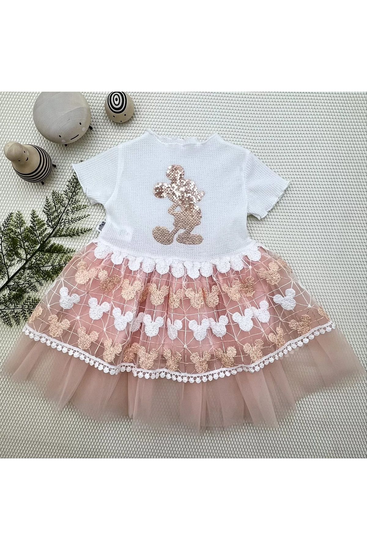 onlinebutik Petli Mickey Baskılı Brode Etekli Kız Bebek Elbisesi Pudra
