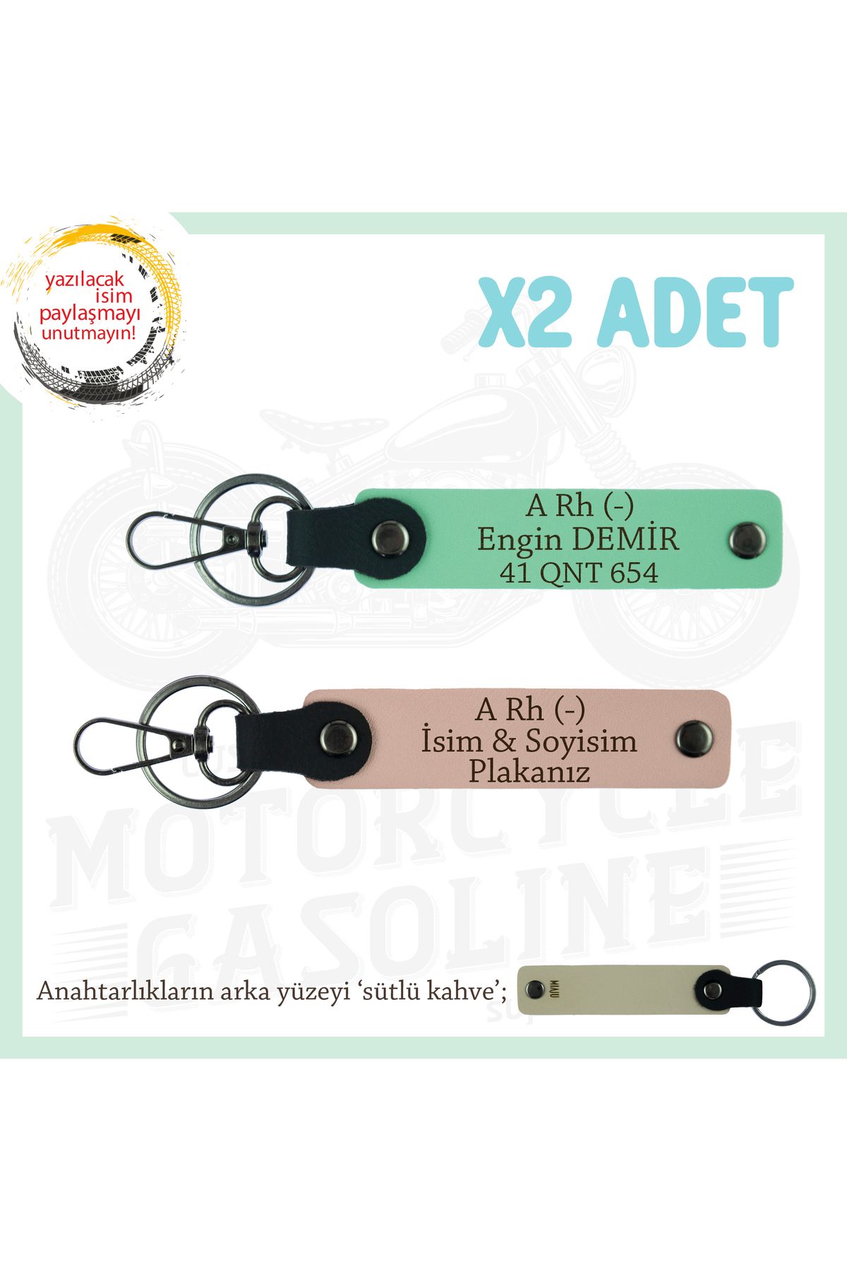 Miaju Motor Severlere Özel İsim Plaka, A- Kan Grubu Yazılı Özel Tasarım x2 Anahtarlık, Yavruağzı-Yeşil-SK