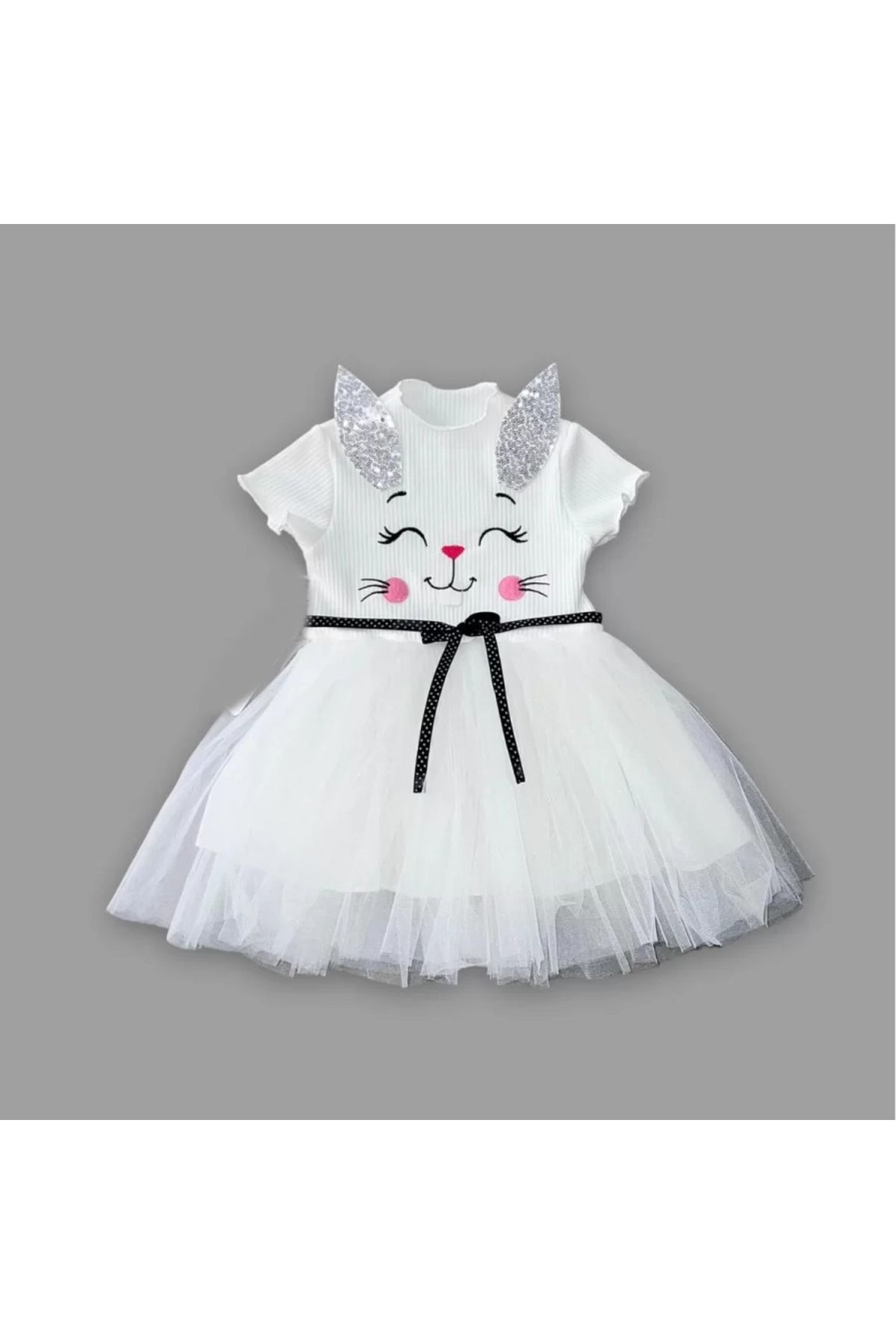 onlinebutik Petli Kulak Tavşan Baskılı Kız Bebek Elbisesi Beyaz