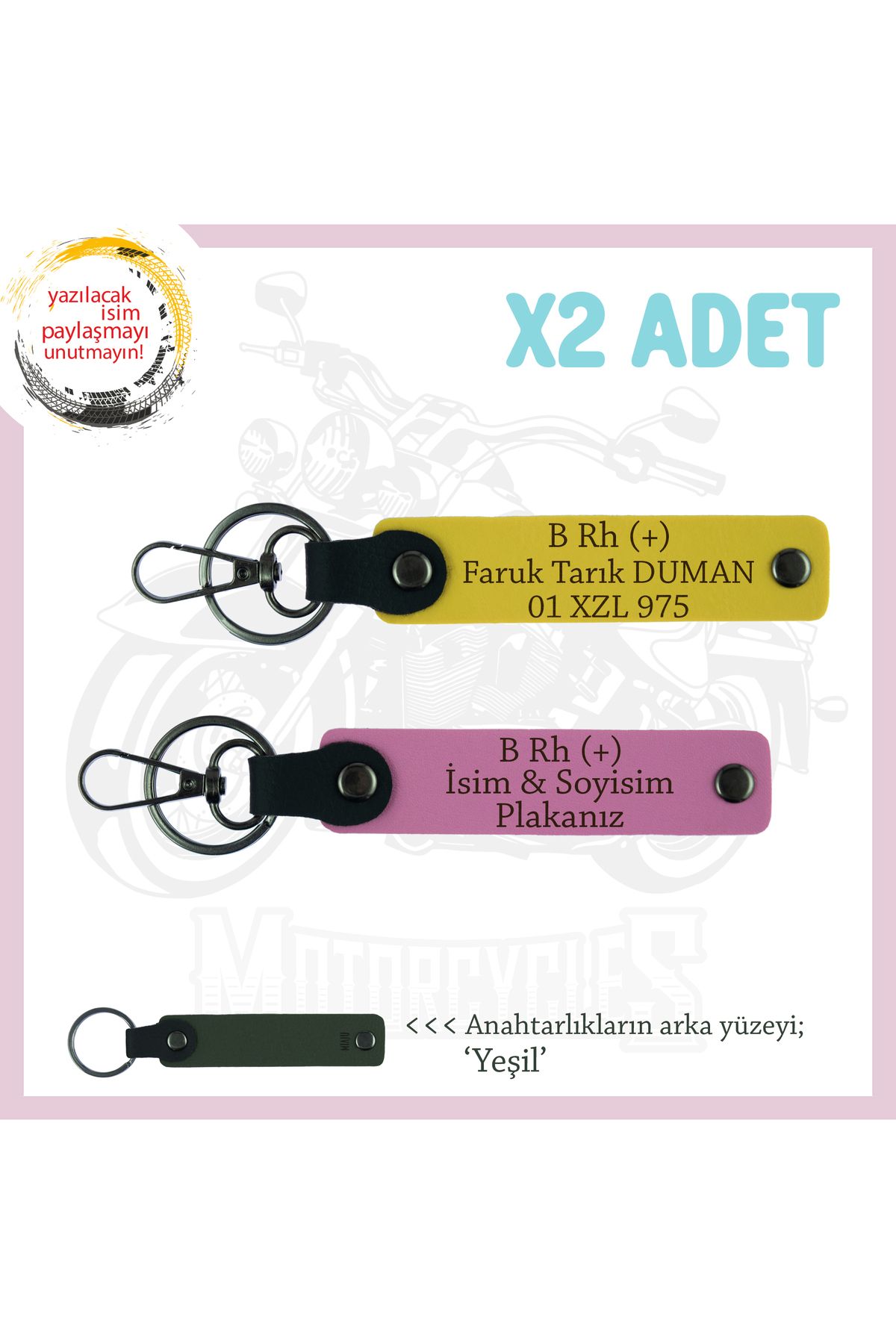 Miaju Motosiklet Severlere Özel, İsim Plaka ve B Rh (+) Kan Grubu Acil Durum x2 Anahtarlık, Sarı-Pembe-Ysl