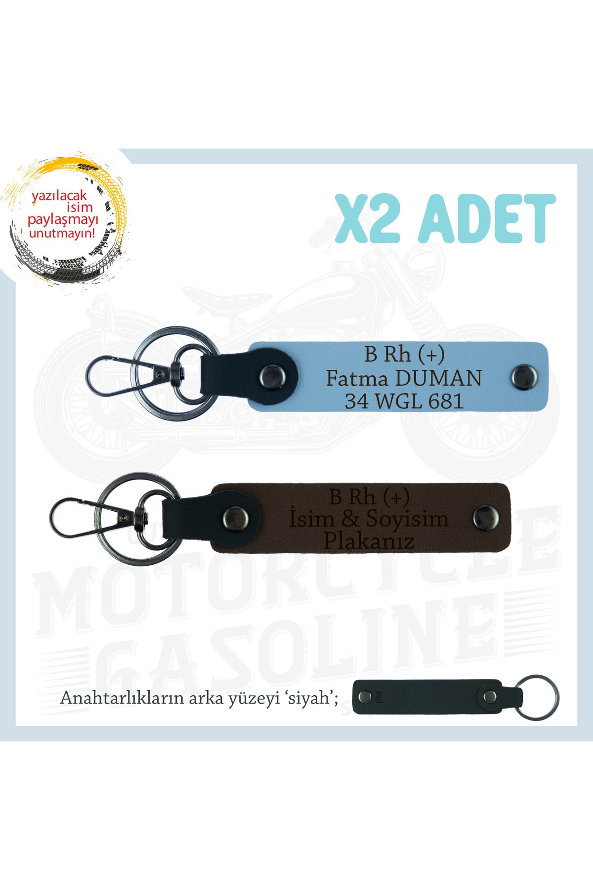 Miaju Motorcu Dostlara, İsim Plaka ve B Rh (+) Kan Grubu Yazılı x2' li Anahtarlık Hediye, K Kahve-Mavi-Syh