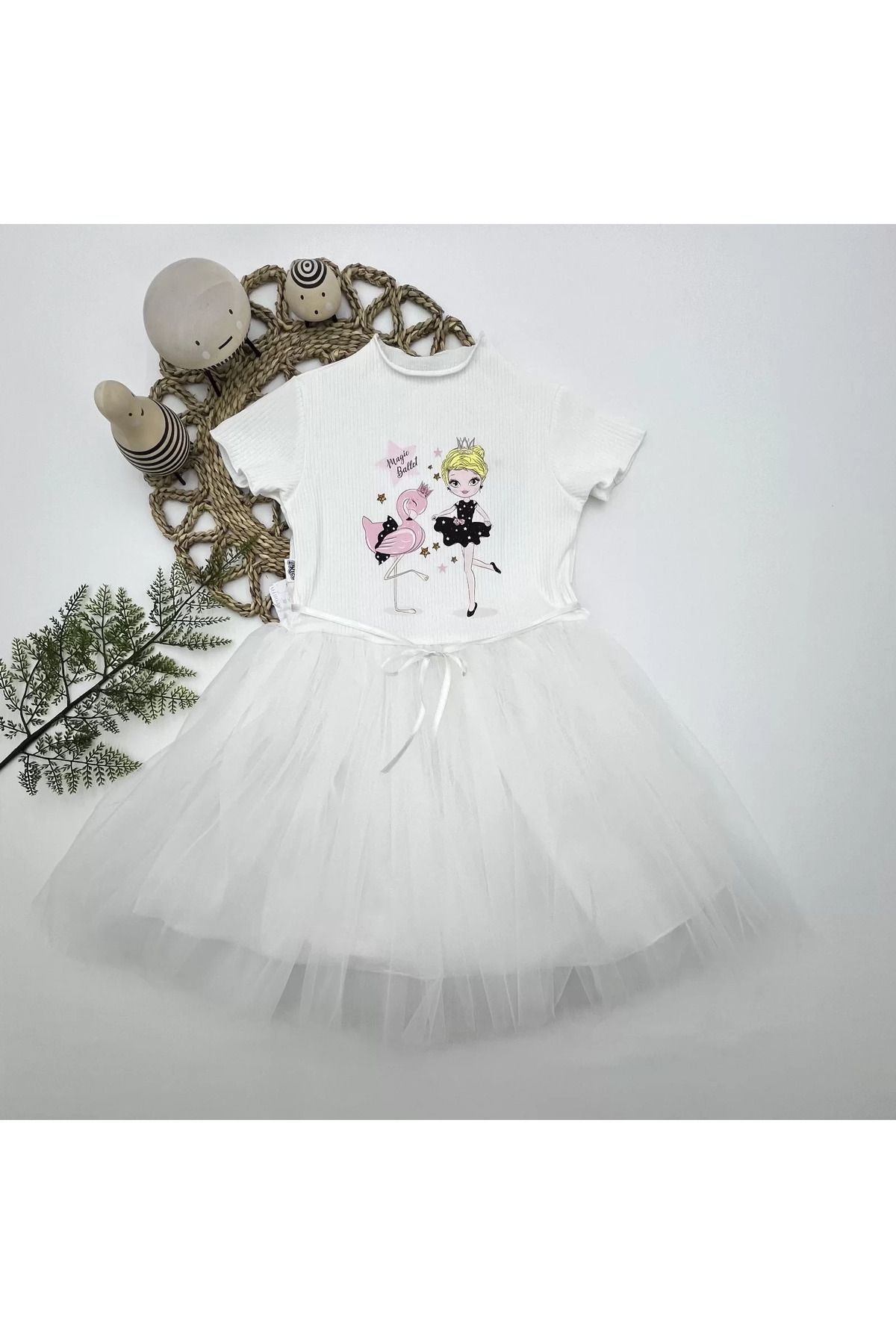 onlinebutik Flamingo Balerin Kız Baskılı Kurdela Kuşaklı Astarlı Kız Çocuk Tütü Elbise Beyaz