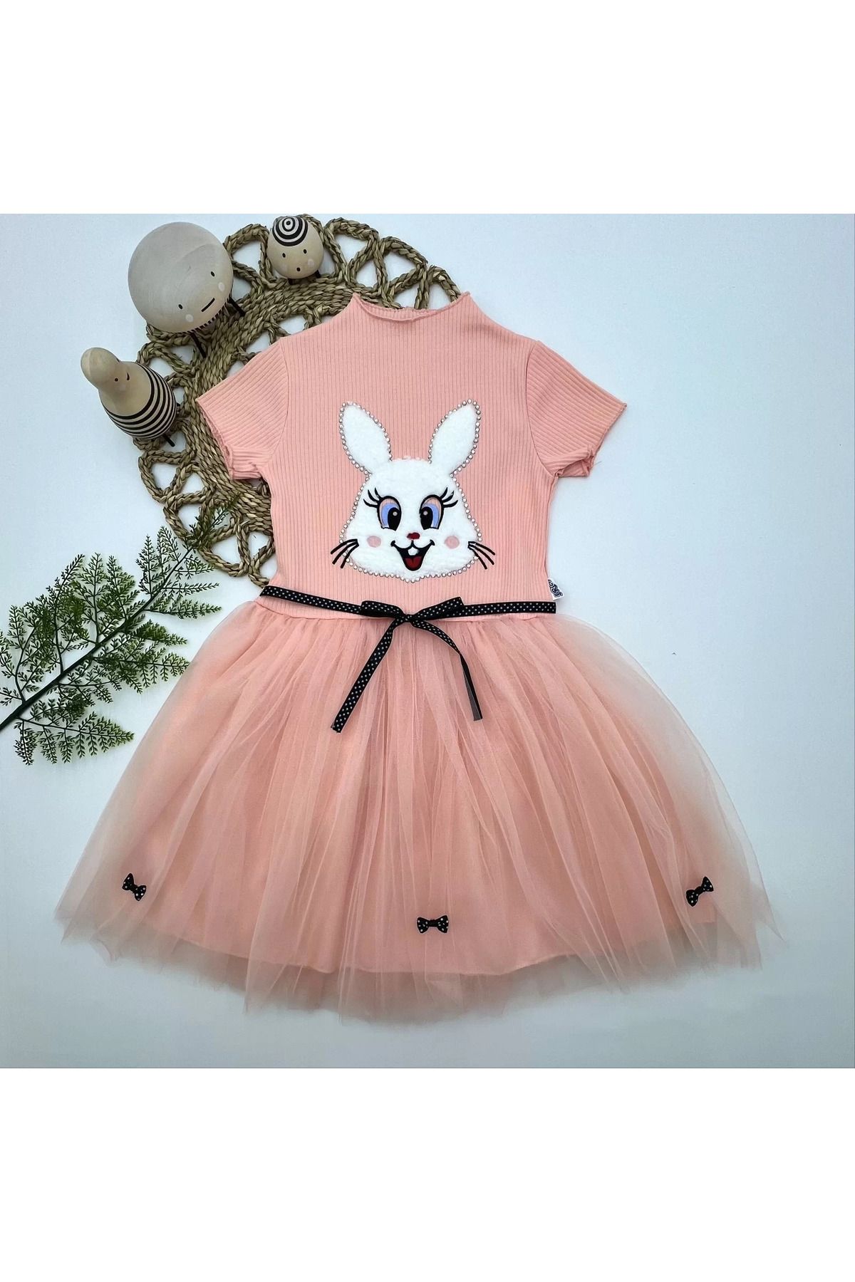 onlinebutik Petli Tavşan Baskılı Kız Çocuk Elbisesi Pudra