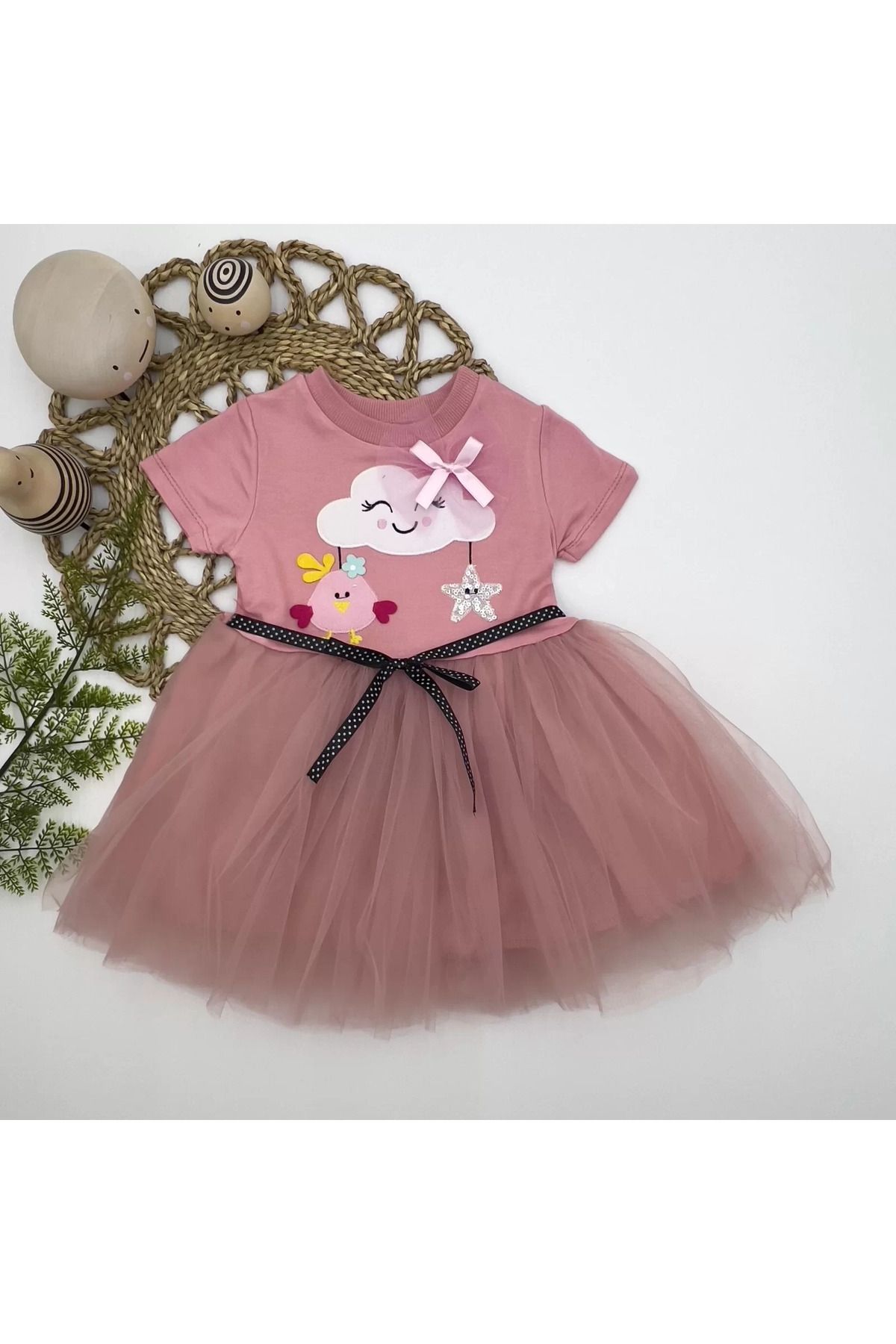 onlinebutik Tül Tokalı Bulut Civciv Ve Yıldız Nakışlı Kız Bebek Elbisesi Gül Kurusu
