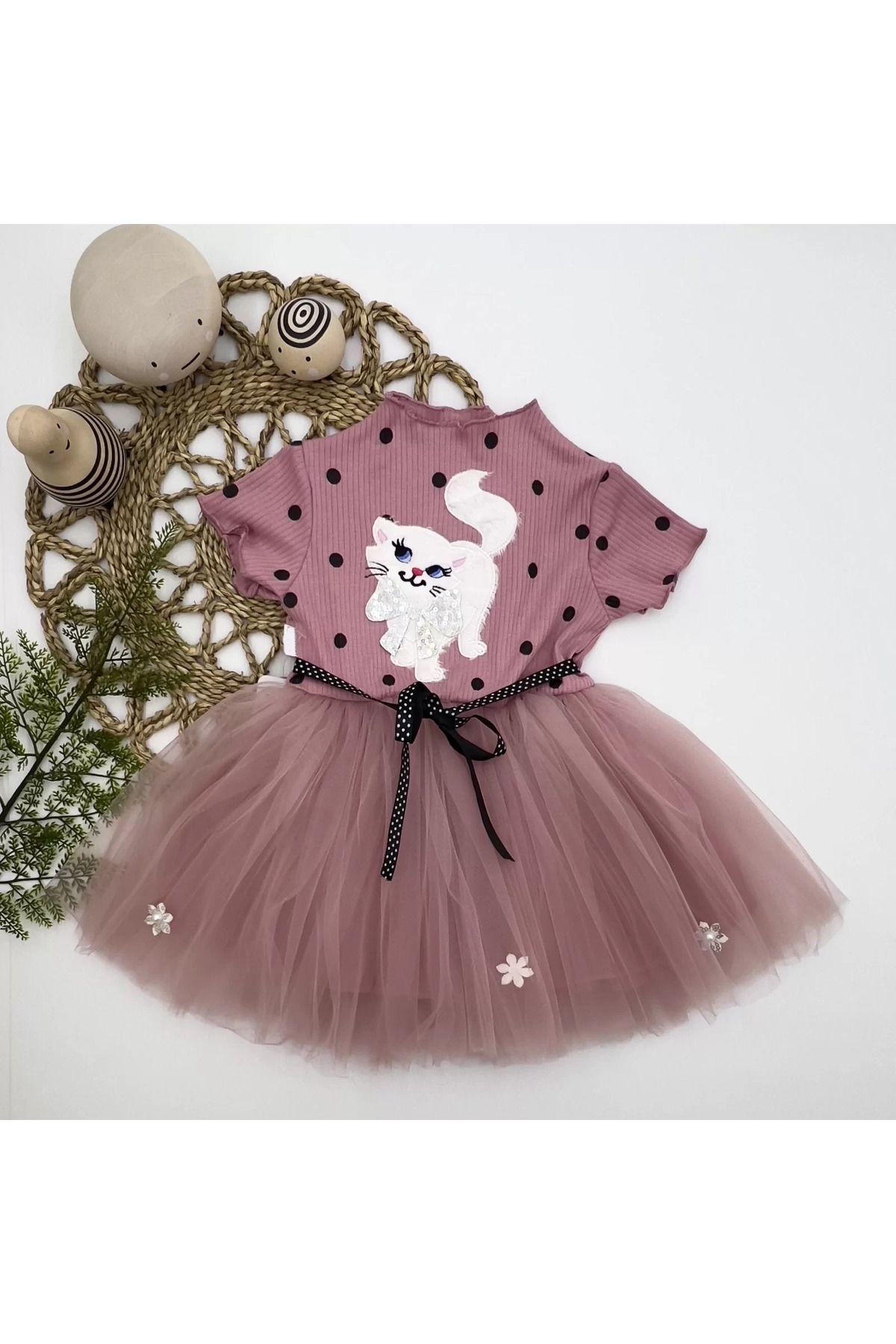 onlinebutik Petli Kedicik Baskılı Puantiyeli Kız Bebek Elbisesi Gül Kurusu