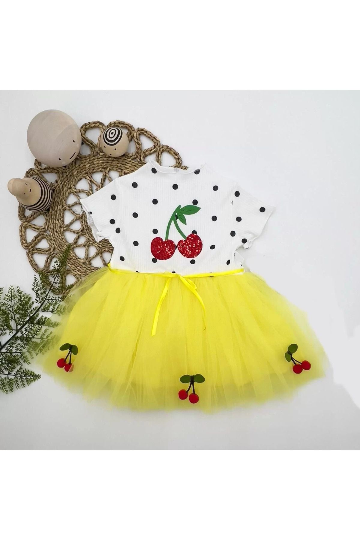 onlinebutik Petli Kiraz Nakışlı Kiraz Etekli Kız Bebek Tütü Elbisesi Sarı