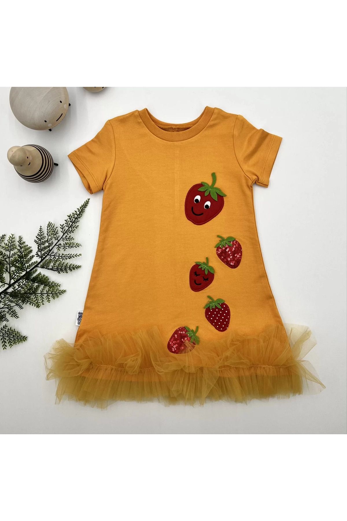 onlinebutik Petli Çilekler Nakışlı Eteği Fırfırlı Jile Kız Çocuk Elbisesi Turuncu