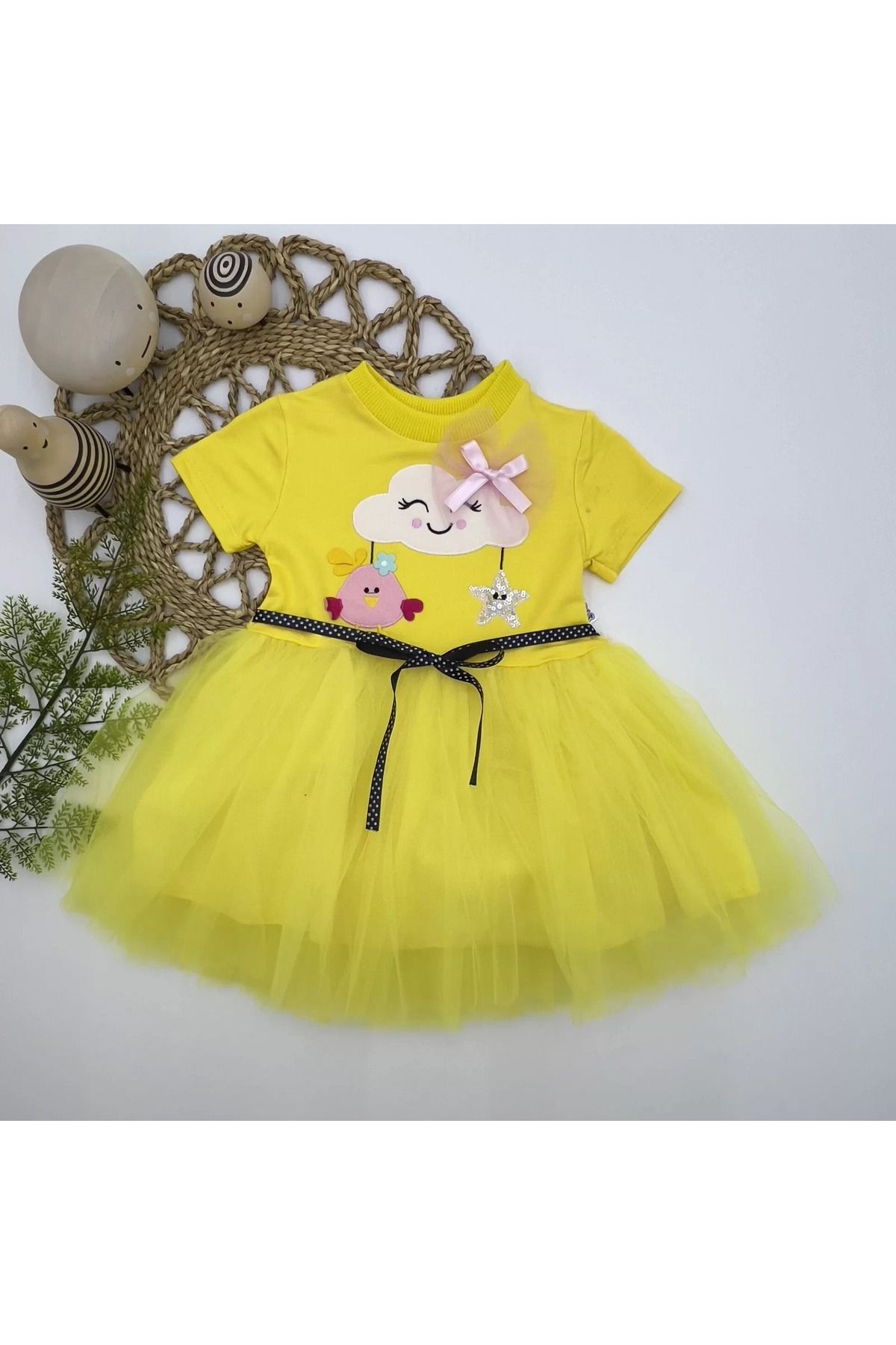 onlinebutik Tül Tokalı Bulut Civciv Ve Yıldız Nakışlı Kız Bebek Elbisesi Sarı