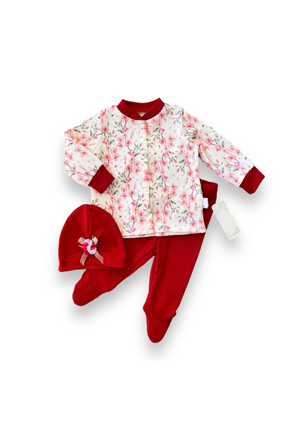 onlinebutik 3-6-9-12 Ay Çiçek Baskılı Şapkalı Çıtçıt Kapamalı Patikli 3lü Kız Bebek Takımı