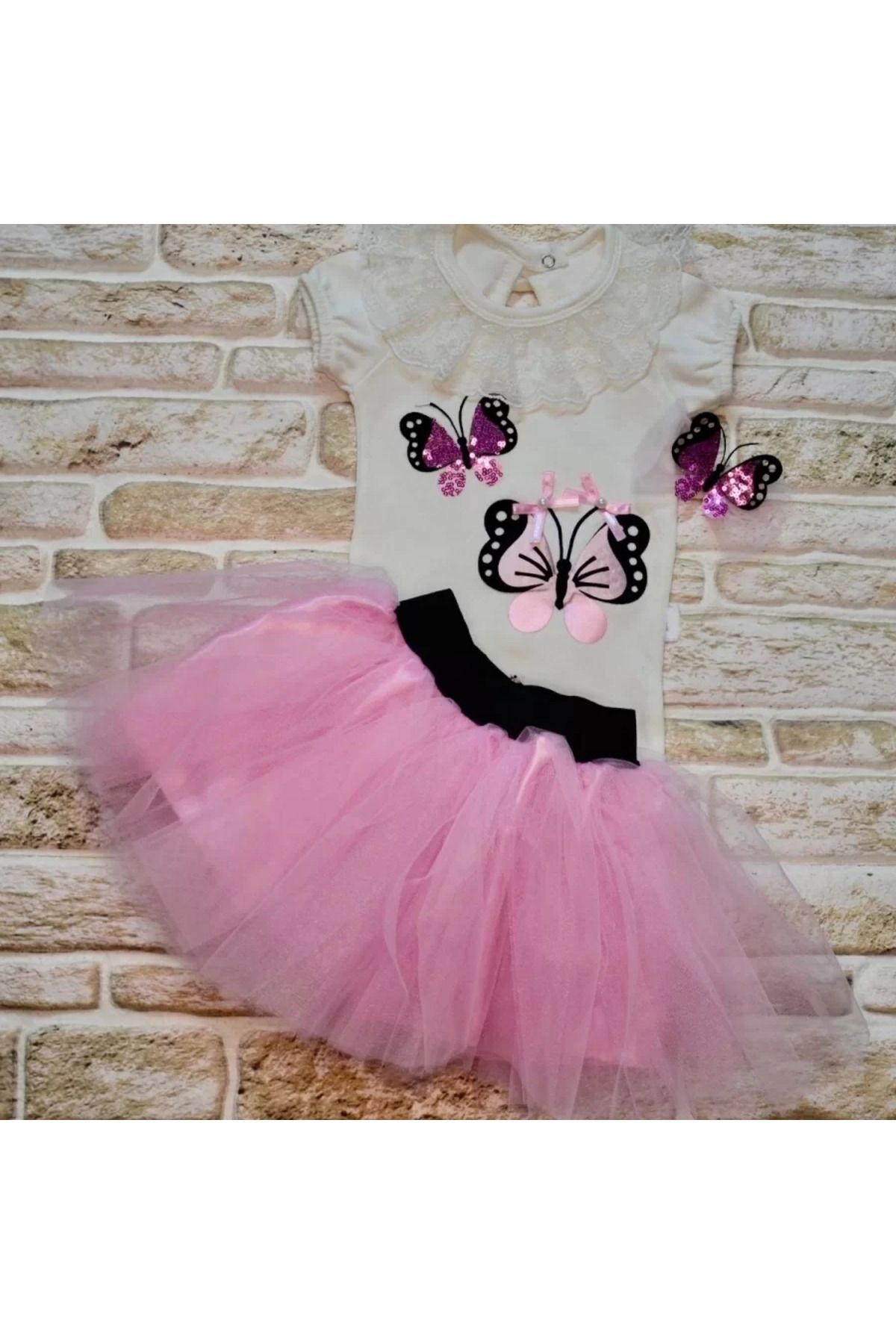 onlinebutik Payetli Kelebek Nakışlı Taçlı Kısa Kollu Tütü Etek 3lü Kız Bebek Takımı