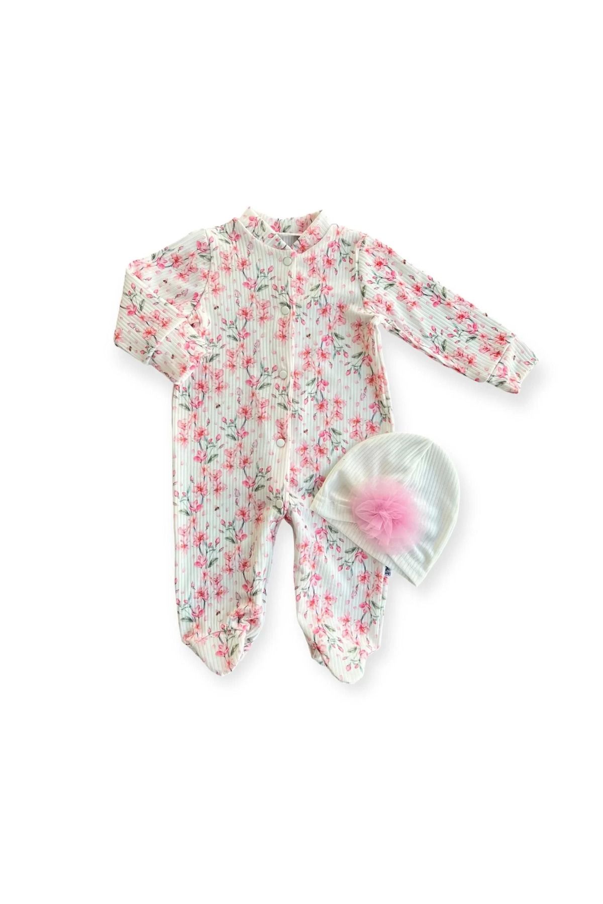 onlinebutik Çiçek Baskılı Tam Boy Çıtçıtlı Patikli Güllü Boneli Kız Bebek Tulumu