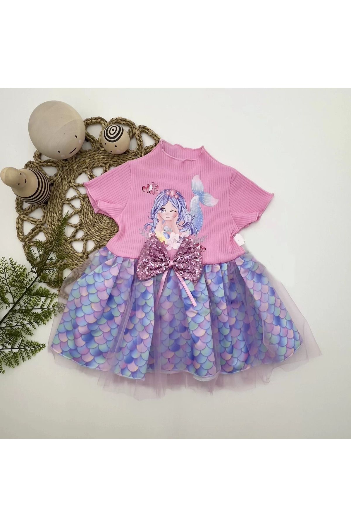 onlinebutik Denizkızı Baskılı Pul Desen Etekli Kız Bebek Elbisesi Pembe