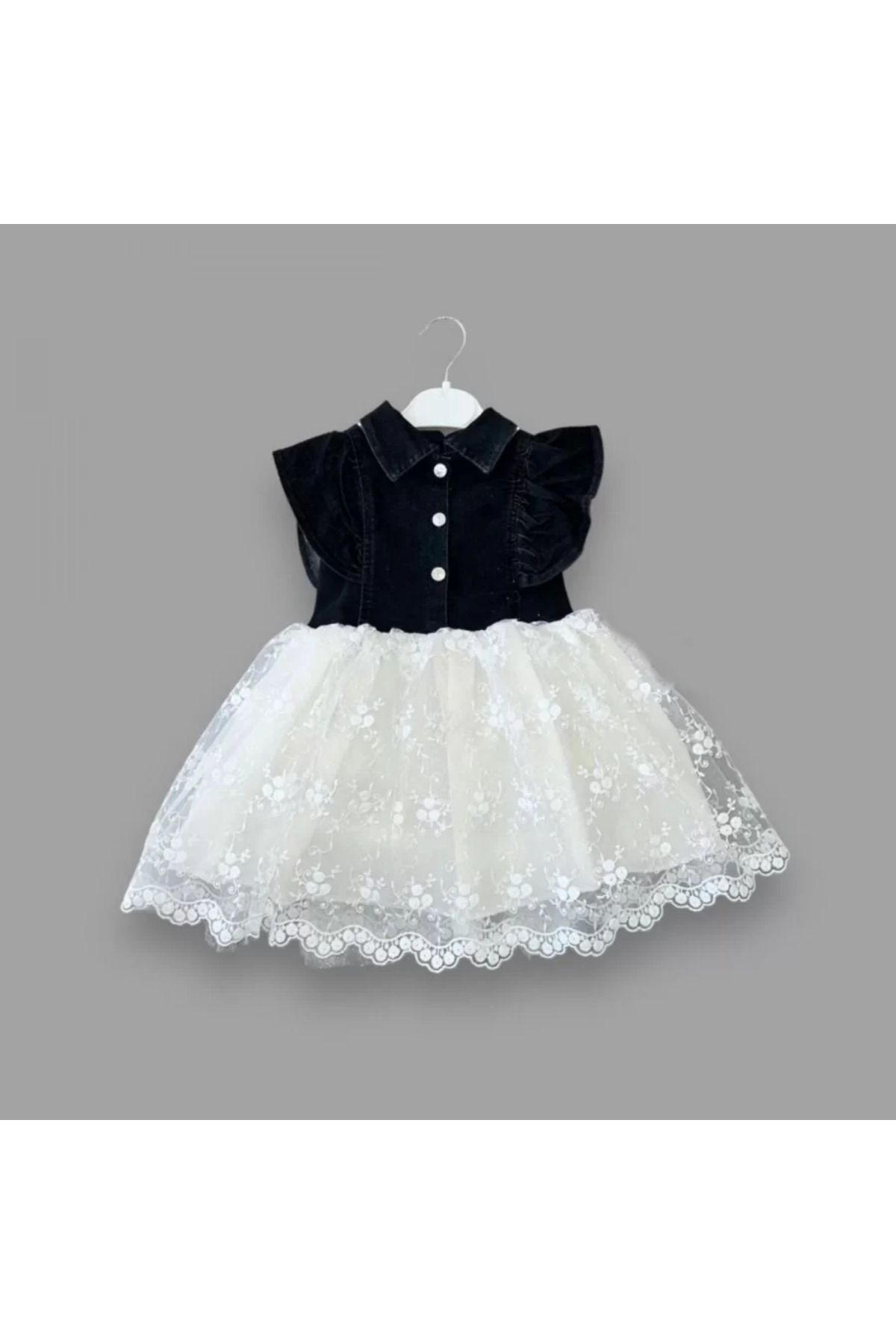 onlinebutik Astarlı Brode Etekli Kot Kumaş Düğmeli Kız Çocuk Elbisesi Siyah