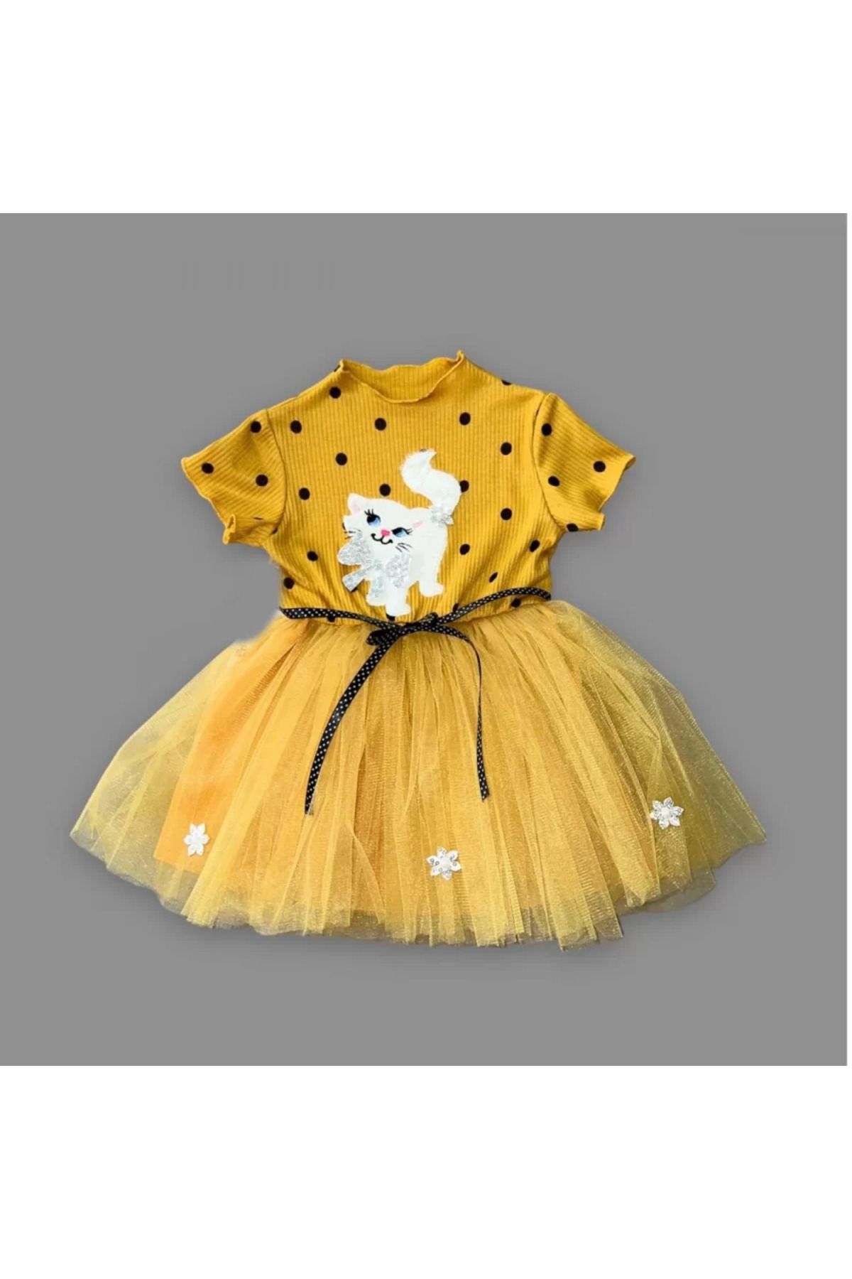 onlinebutik Petli Kedicik Baskılı Puantiyeli Kız Bebek Elbisesi Hardal