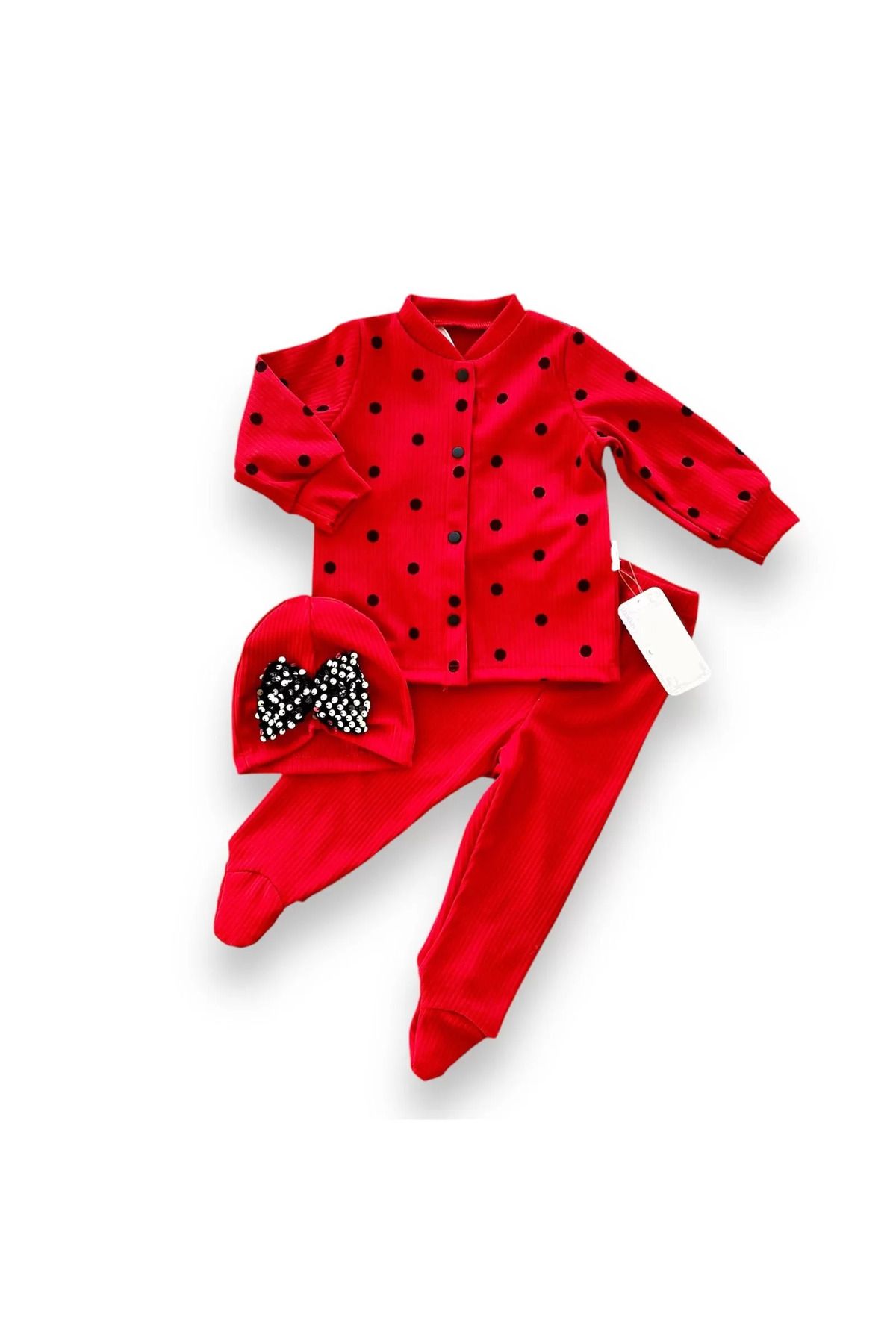 onlinebutik 3-6-9-12 Ay Puantiyeli Şapkalı Çıtçıt Kapamalı Patikli 3lü Kız Bebek Takımı