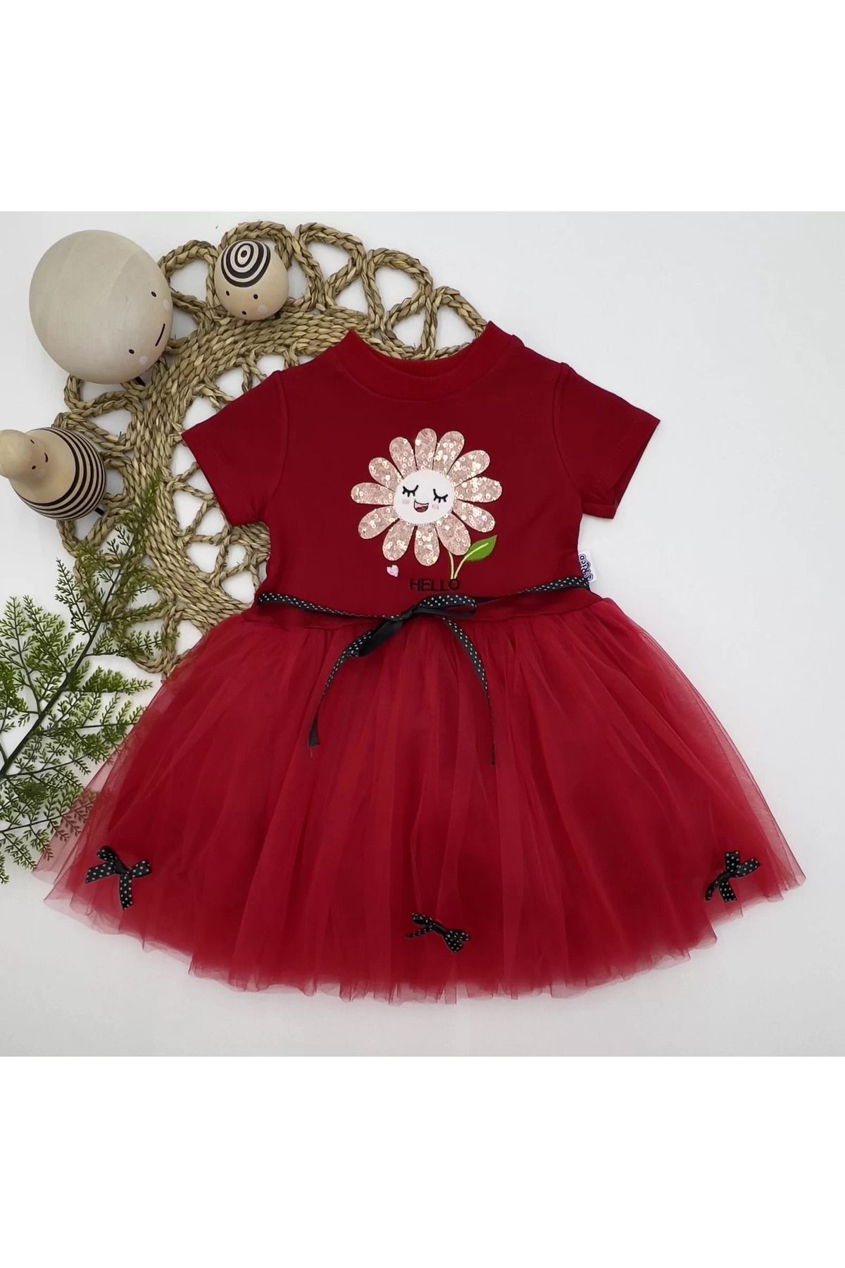 onlinebutik Pet Yapraklı Çiçek Nakışlı Astarlı Kız Bebek Tütü Elbisesi Kırmızı