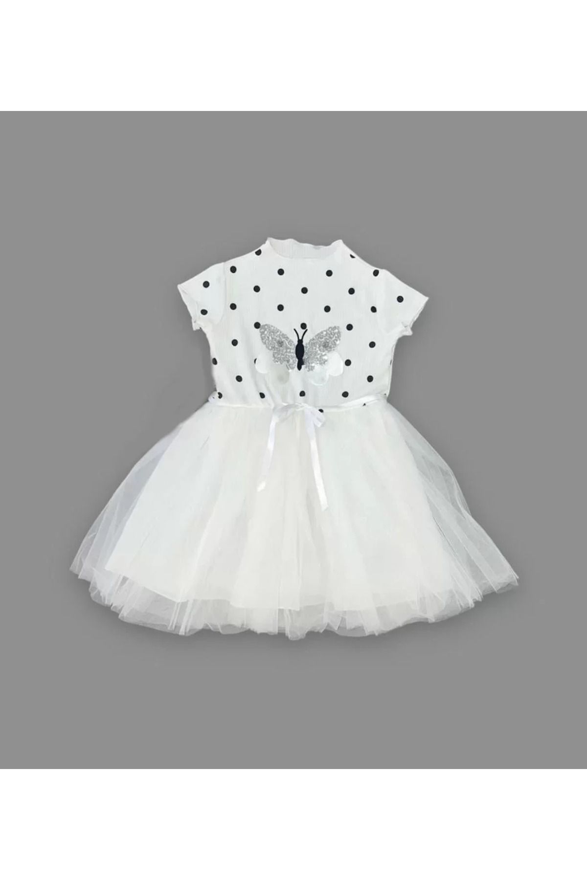 onlinebutik Payetli Kelebek Desenli Puantiyeli Kız Çocuk Elbisesi