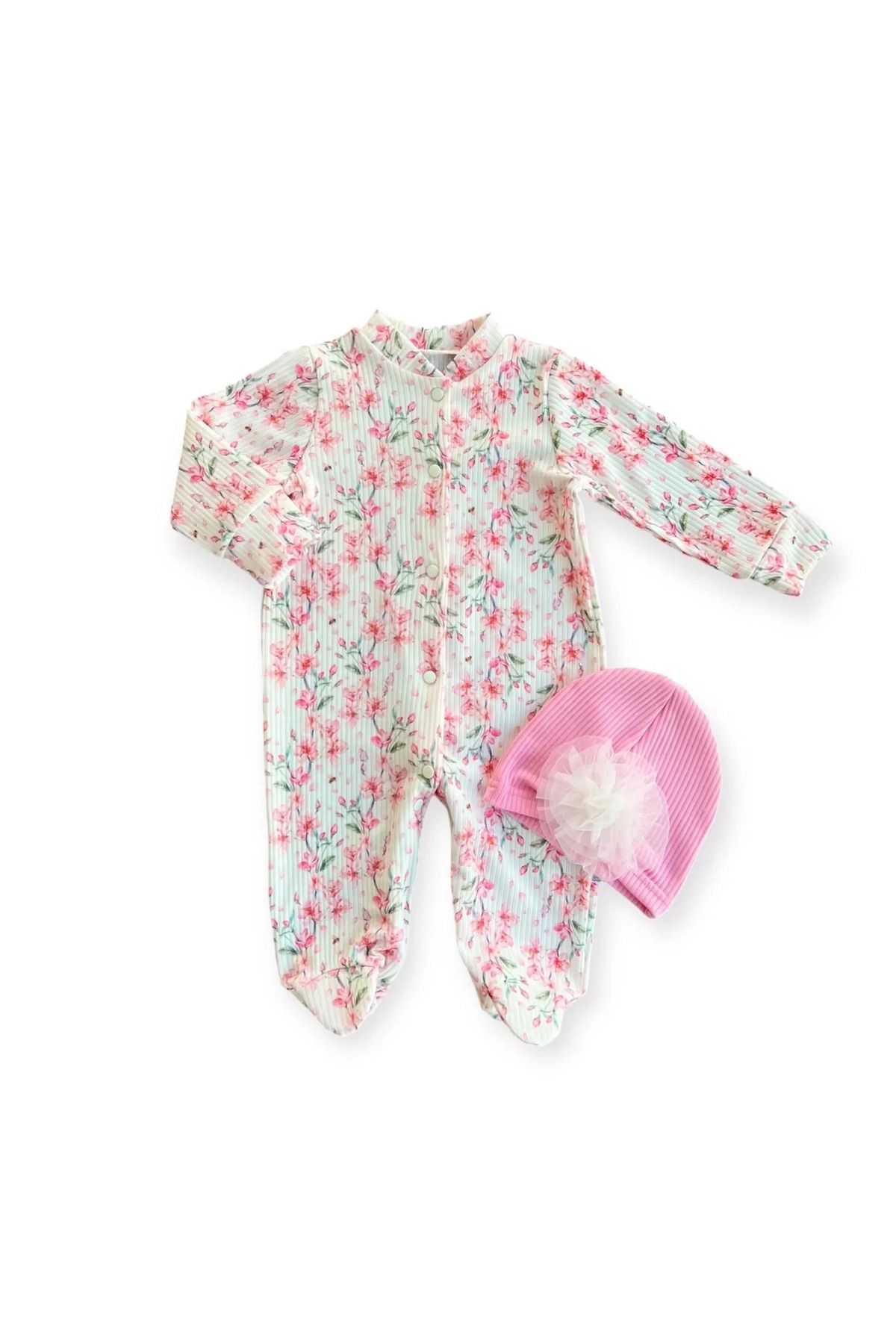 onlinebutik Çiçek Baskılı Tam Boy Çıtçıtlı Patikli Güllü Boneli Kız Bebek Tulumu