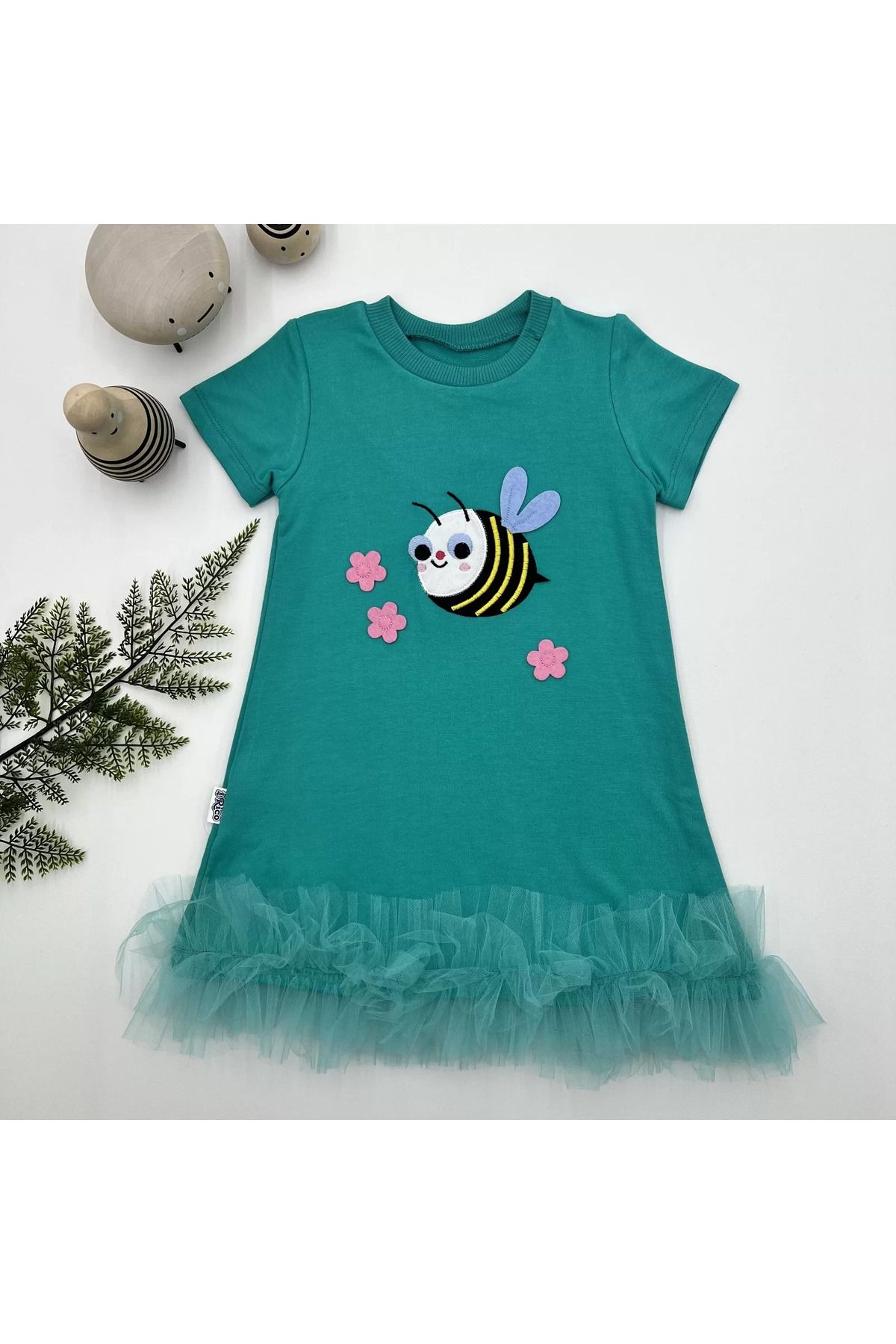 onlinebutik Arayıcık Nakışlı Eteği Fırfırlı Jile Kız Çocuk Elbisesi Turkuaz