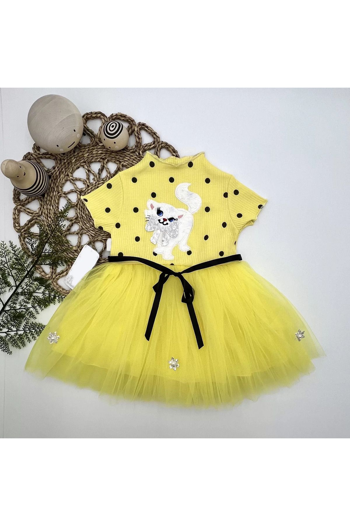 onlinebutik Petli Kedicik Baskılı Puantiyeli Kız Bebek Elbisesi Sarı
