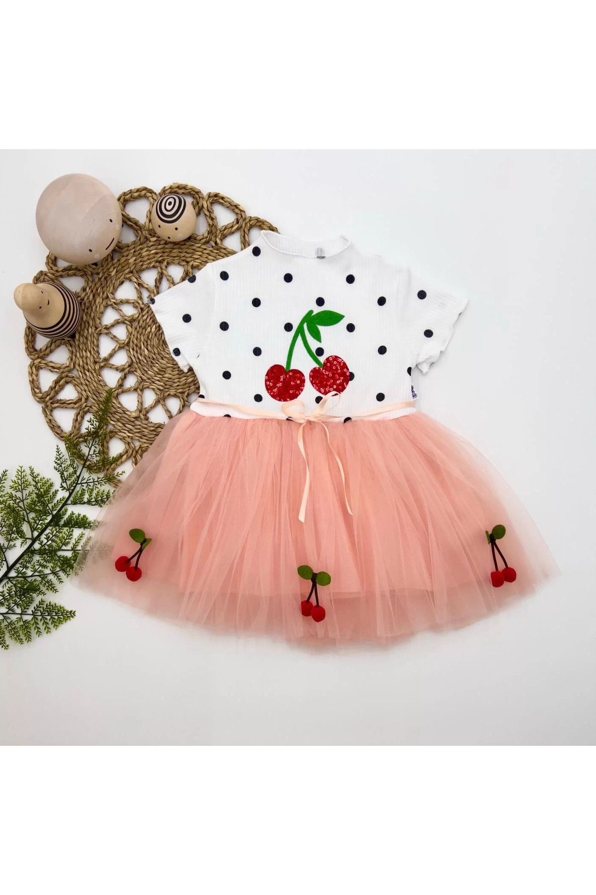 onlinebutik Petli Kiraz Nakışlı Kiraz Etekli Kız Bebek Tütü Elbisesi Pudra