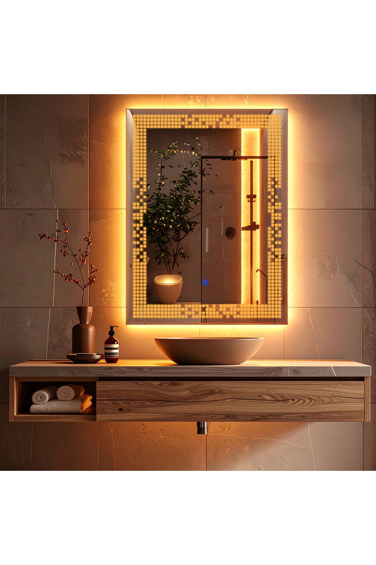 lumora mirror design Solrae Amber Led'li Lazer Kumlamalı Lavabo & Banyo Aynası (Dokunmatik Sensörlü)