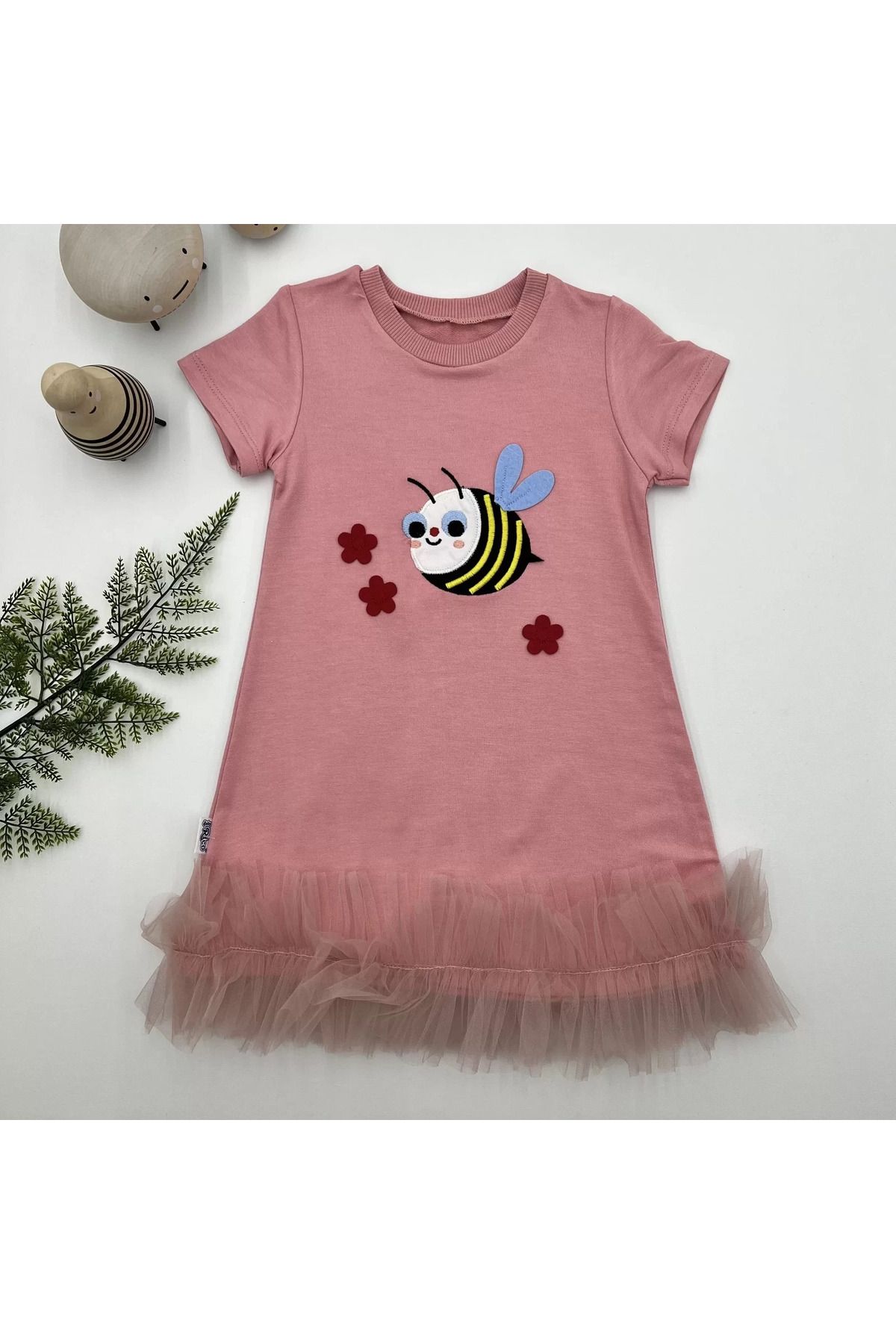 onlinebutik Arayıcık Nakışlı Eteği Fırfırlı Jile Kız Çocuk Elbisesi Gül Kurusu