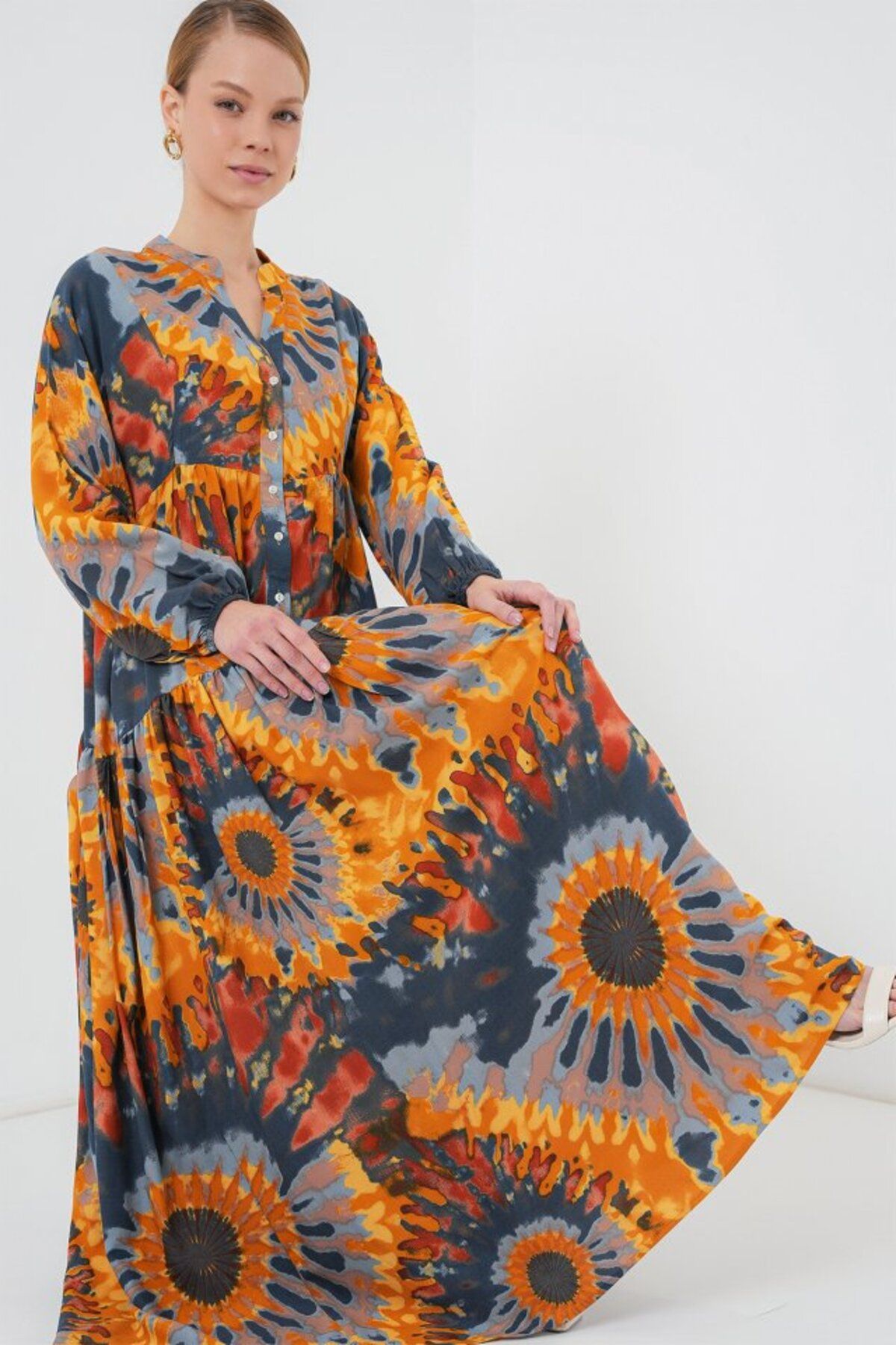 ARUZ MODA 2423 Otantik Desenli Tesettür Elbise - L. Turuncu