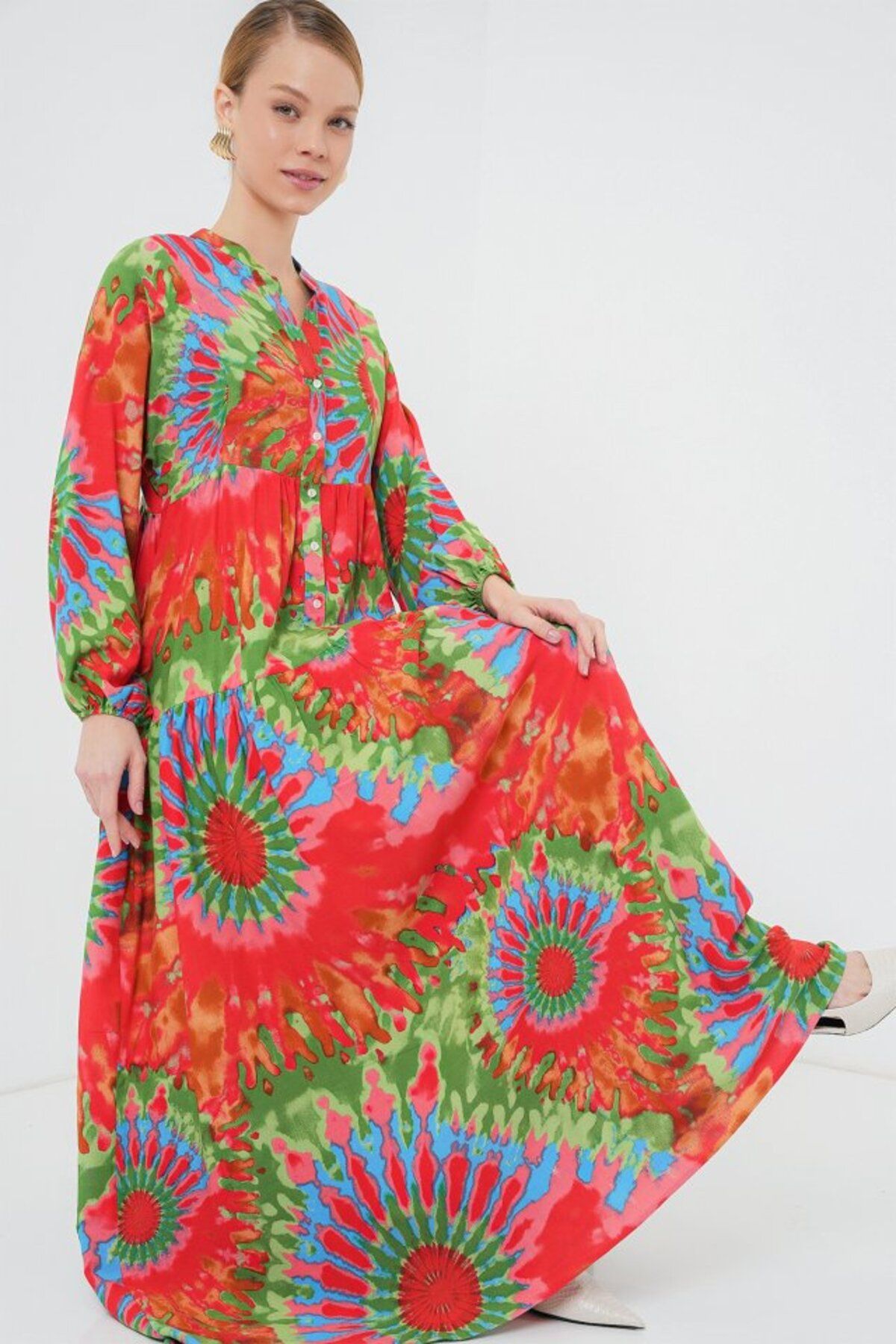 ARUZ MODA 2423 Otantik Desenli Tesettür Elbise - L. Kırmızı
