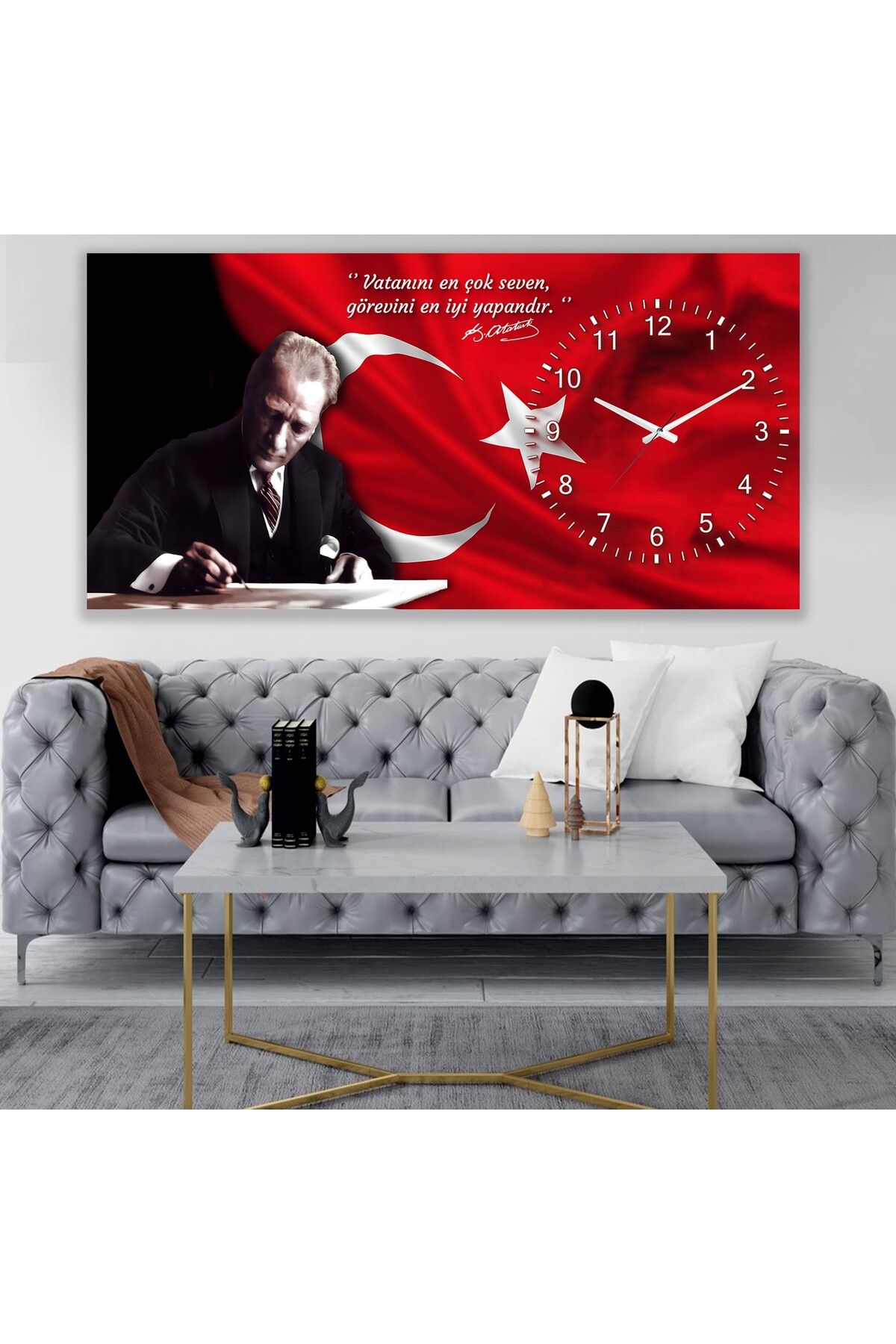 EMYA HOME Saatli Atatürk Panoramik Kanvas Tablo