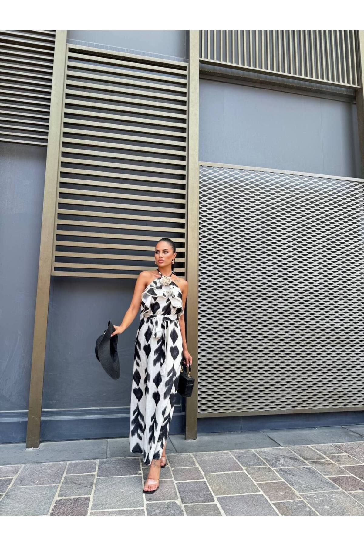 Castivo Fashion Etnik Desenli Boyundan Bağlamalı Fiyonk Detaylı Yazlık Elbise