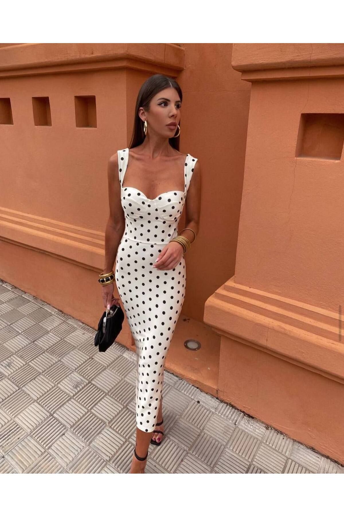 Castivo Fashion Saten Görünümlü Puantiyeli Askılı Kalem Elbise