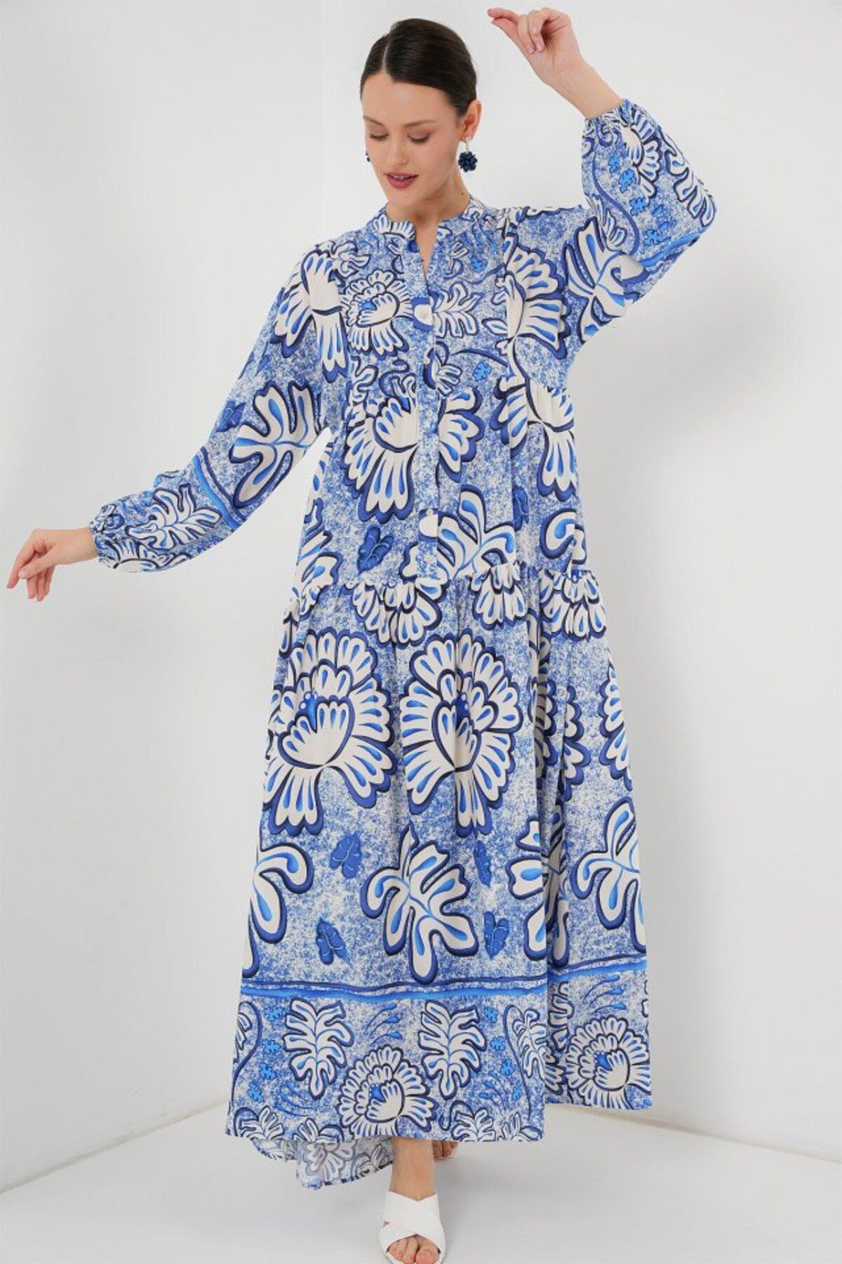 ARUZ MODA 2423 Otantik Desenli Tesettür Elbise - Koyu Mavi