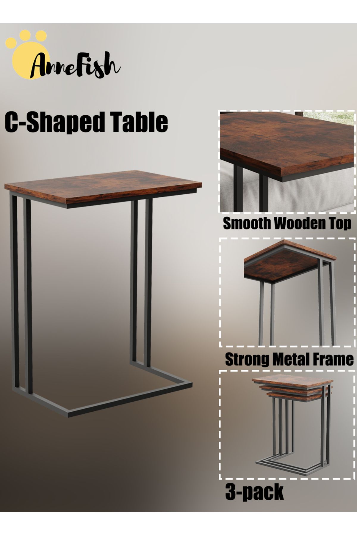 AnneFish-3Pcs C-Shaped Coffee Service Table Set Side Nesting Table Table Small Coffee Table Couch Table 7