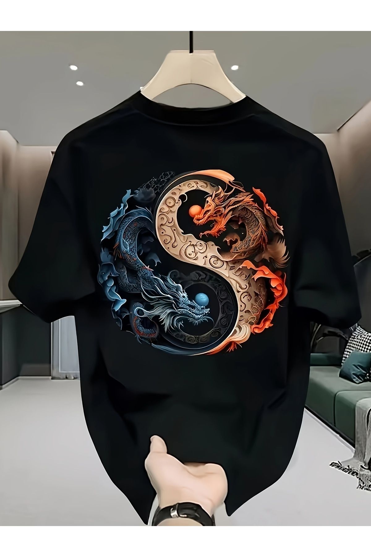 ship master Erkek Oversize Tişört - Yin Yang Ejderha Desenli