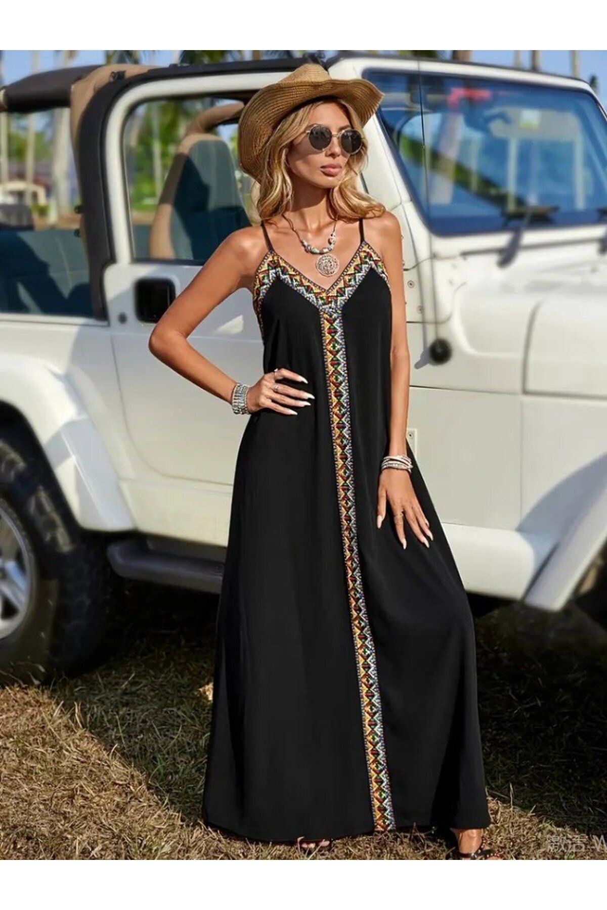 velmorafashion Kadın Askılı V Yakalı Etnik şerit Detaylı Uzun Viskon Elbise