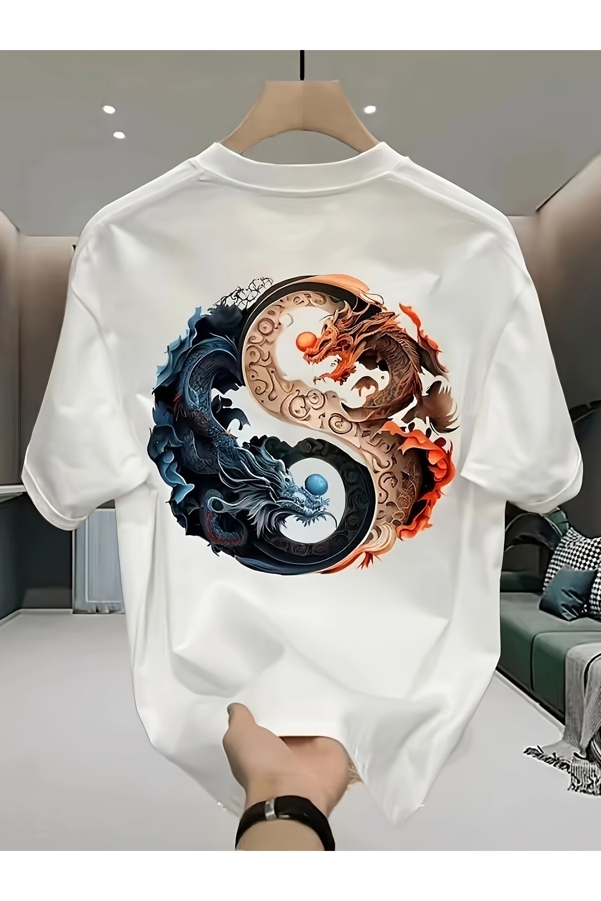 ship master Erkek Oversize Tişört - Yin Yang Ejderha Desenli