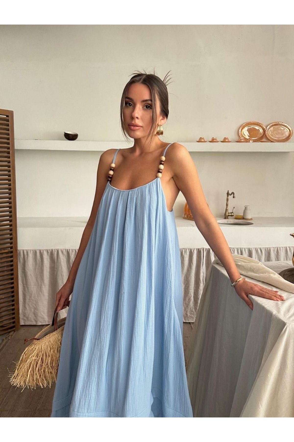 Ekim Store Keten Taş Askılı Salaş Uzun Elbise