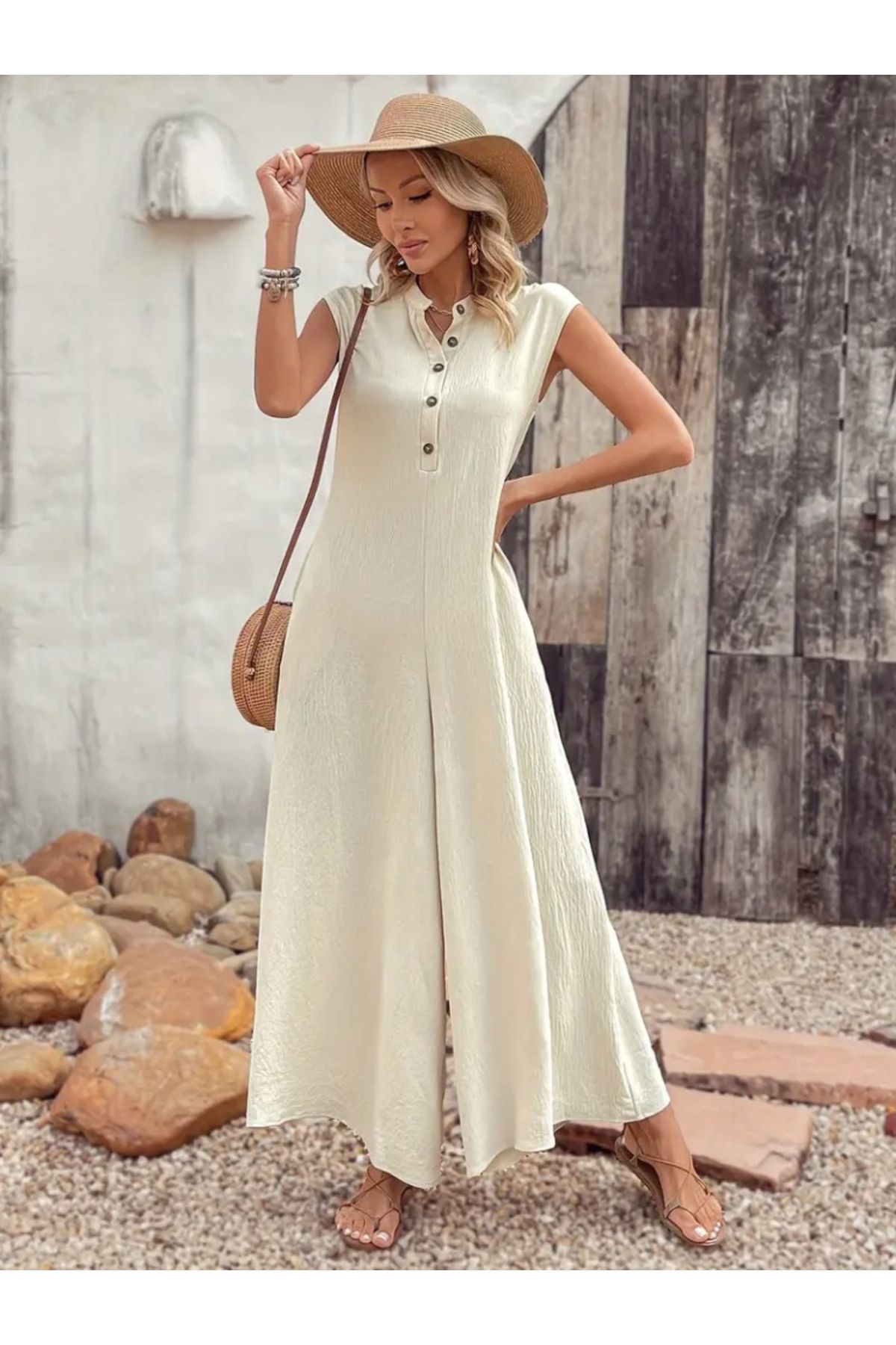 Sisa Butik Kadın Kısa Kollu önden Düğmeli Paçaya Doğru Geniş Cepli Uzun Bürümcük Tulum
